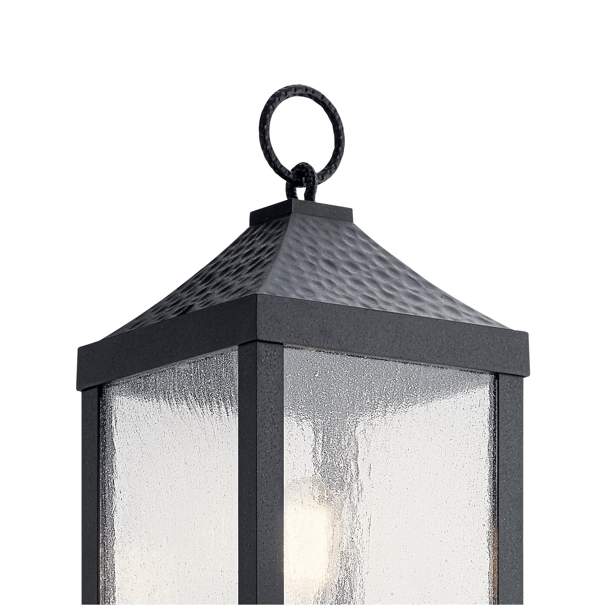 Shown in Distressed Black finish and Clear Seeded glass