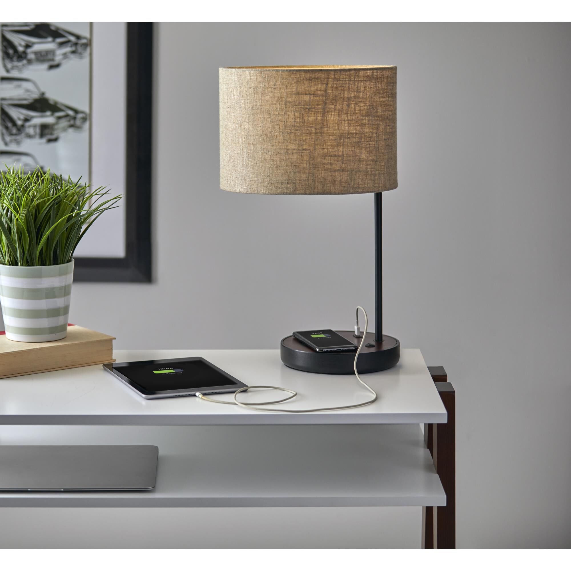 Shown in Matte Black - Walnut Poplar Wood finish and Natural Textured Fabric shade
