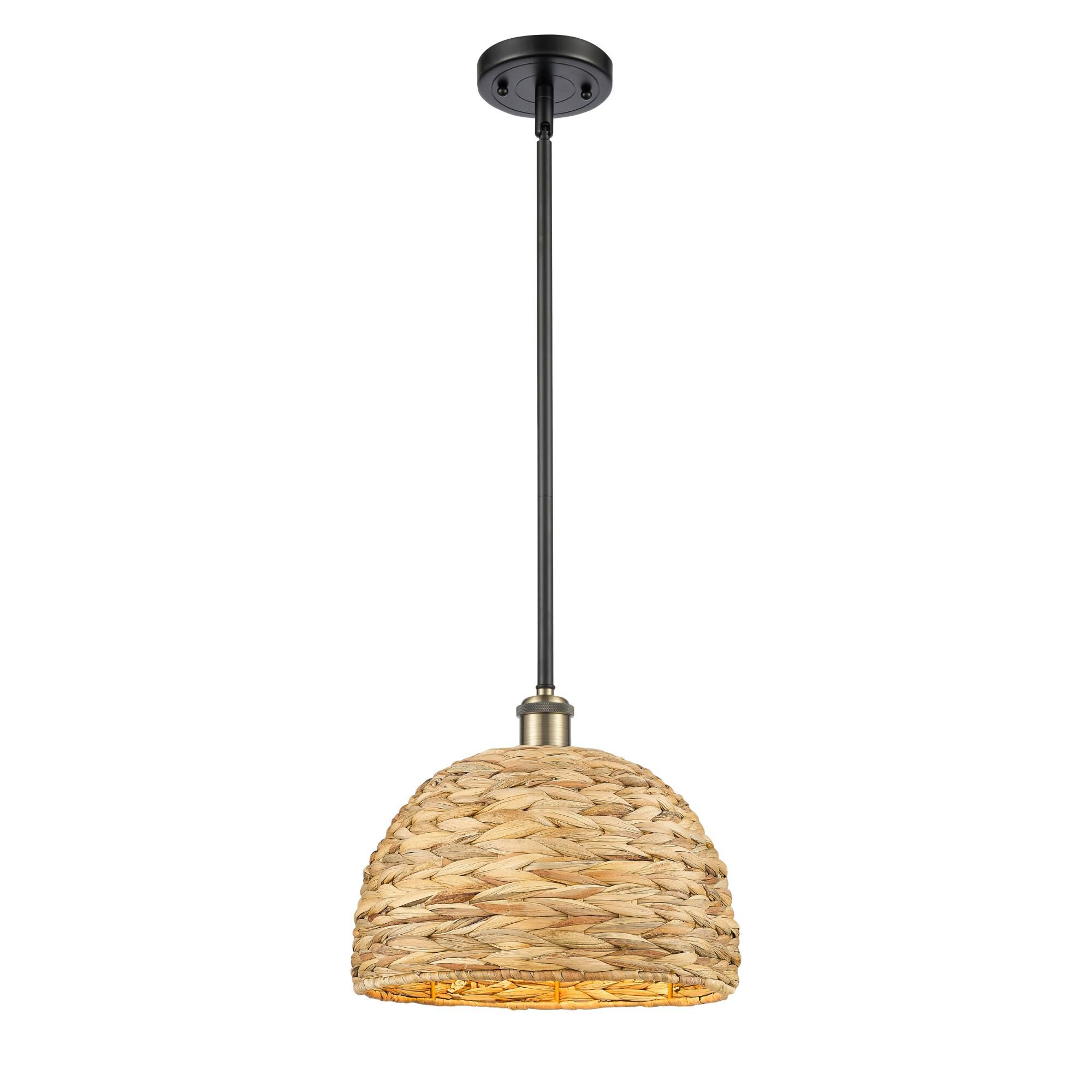 Shown in Black Antique Brass finish and Natural shade
