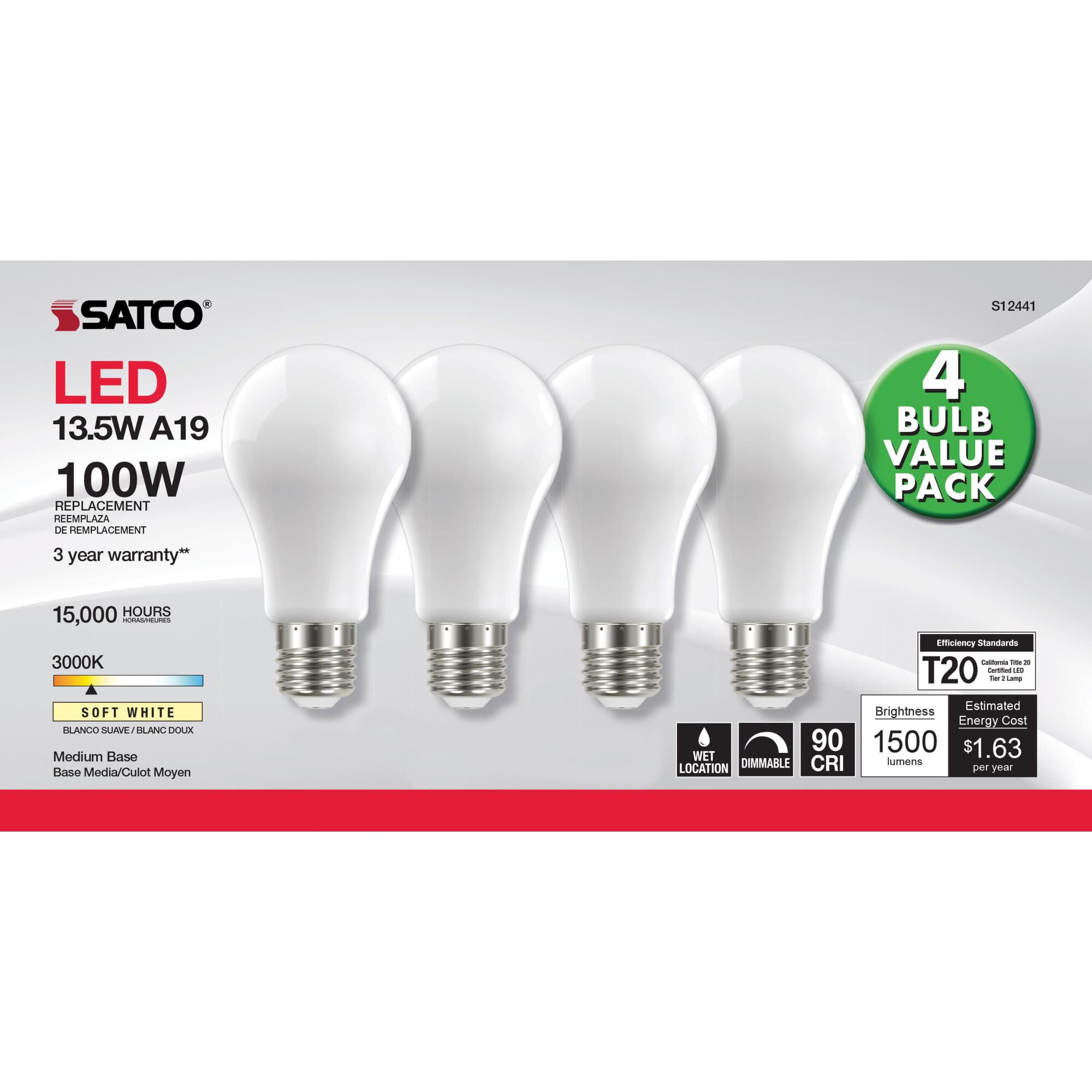 Dimmable 13.5 Watt 3000K A19 LED Light Bulb by Satco