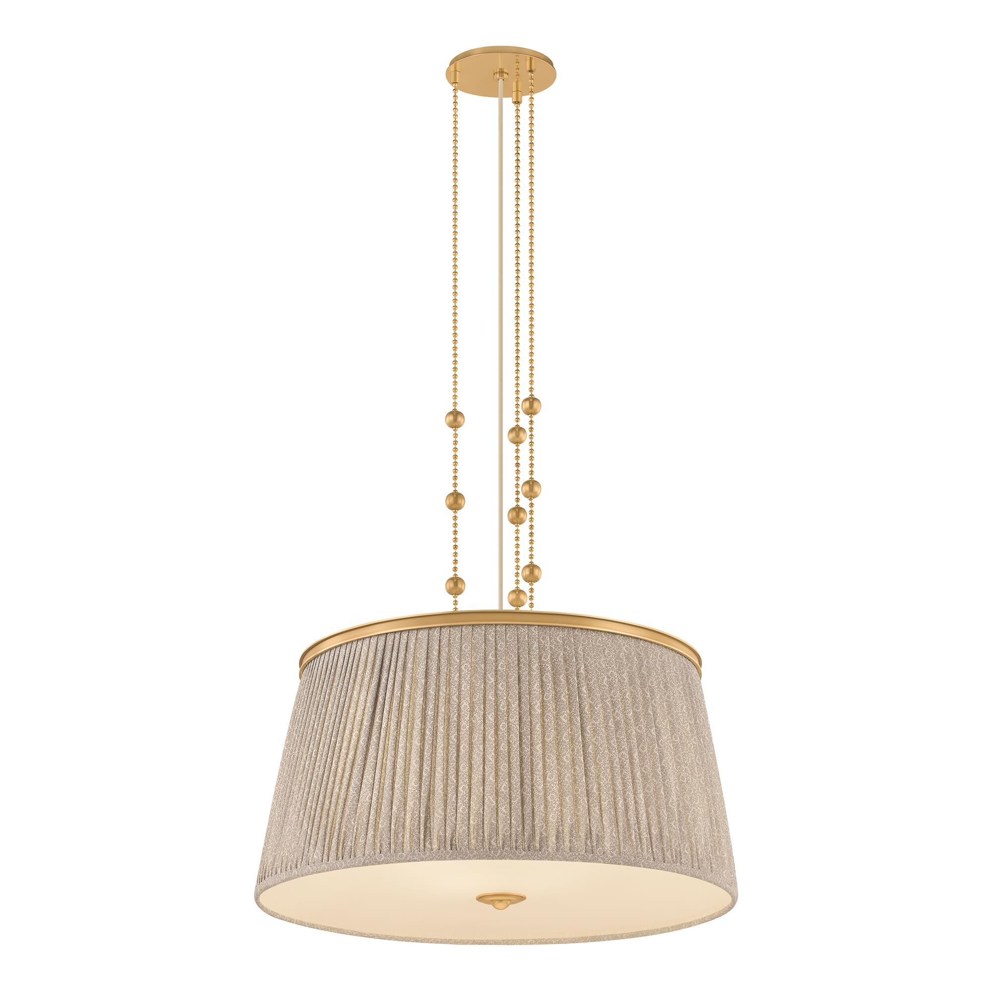 Shown in Aged Brass finish and Gathered Printed Cotton shade