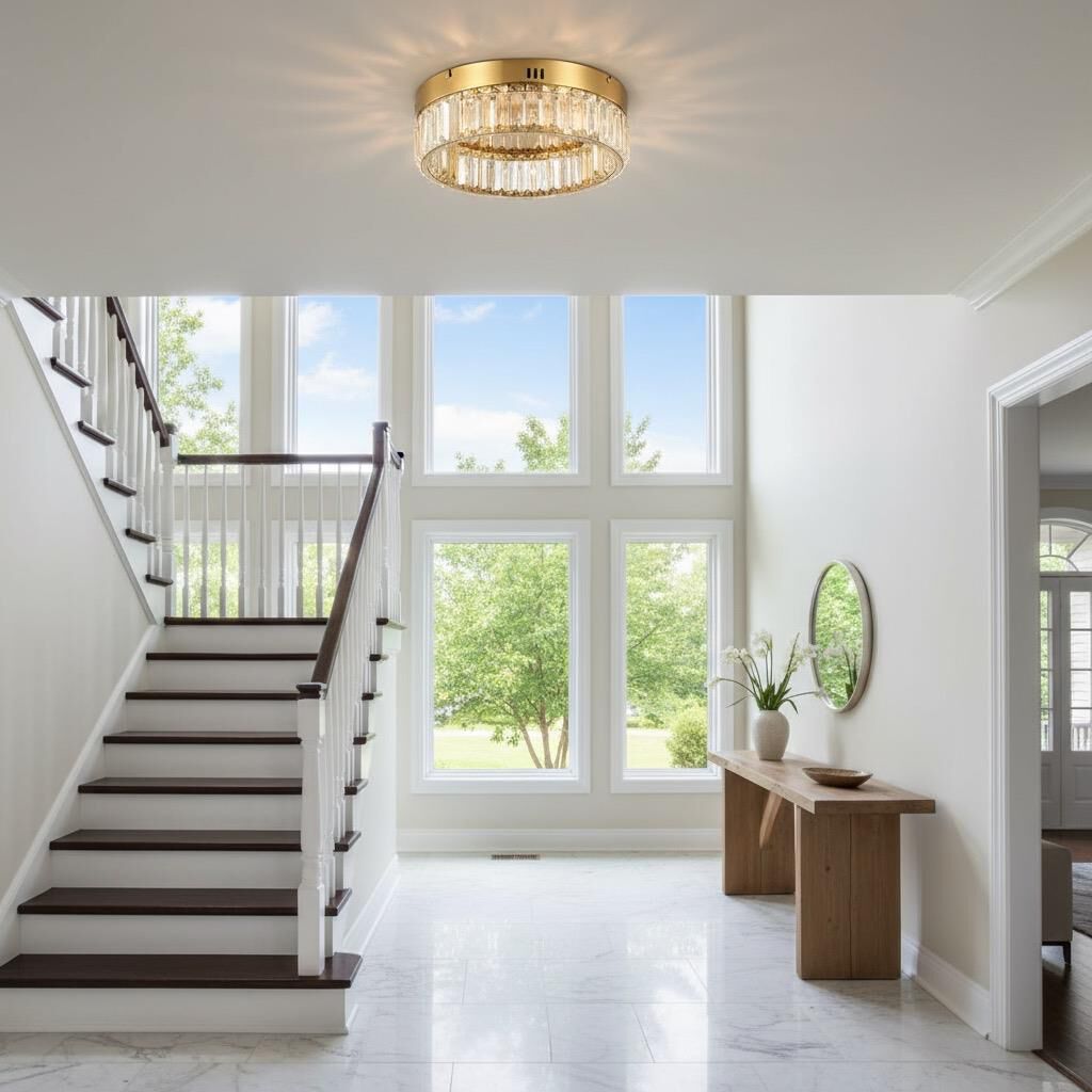 Shown in Brushed Brass finish and Clear Crystal glass