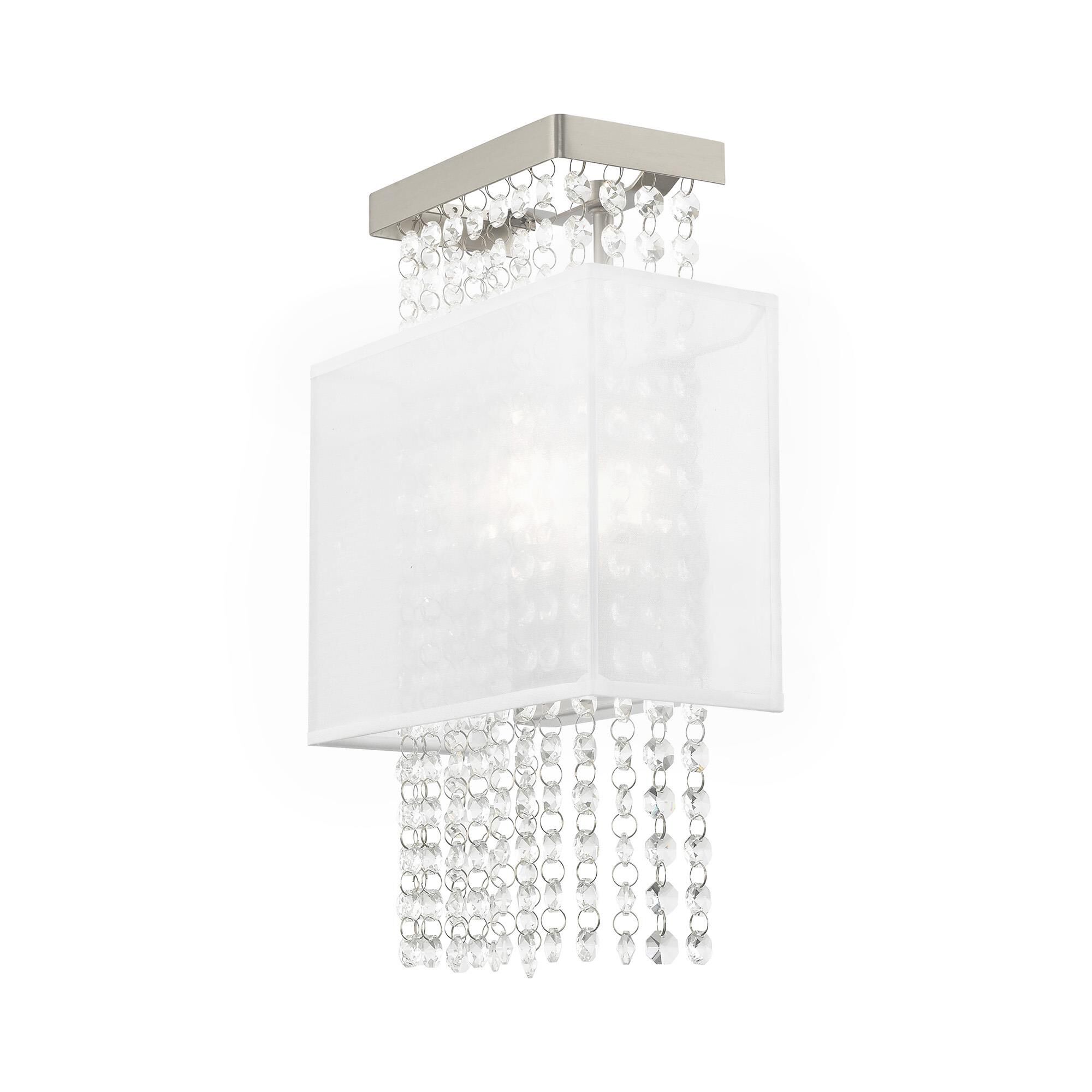 Shown in Brushed Nickel finish and Clear Crystals with Hand Crafted Translucent Fabric shade