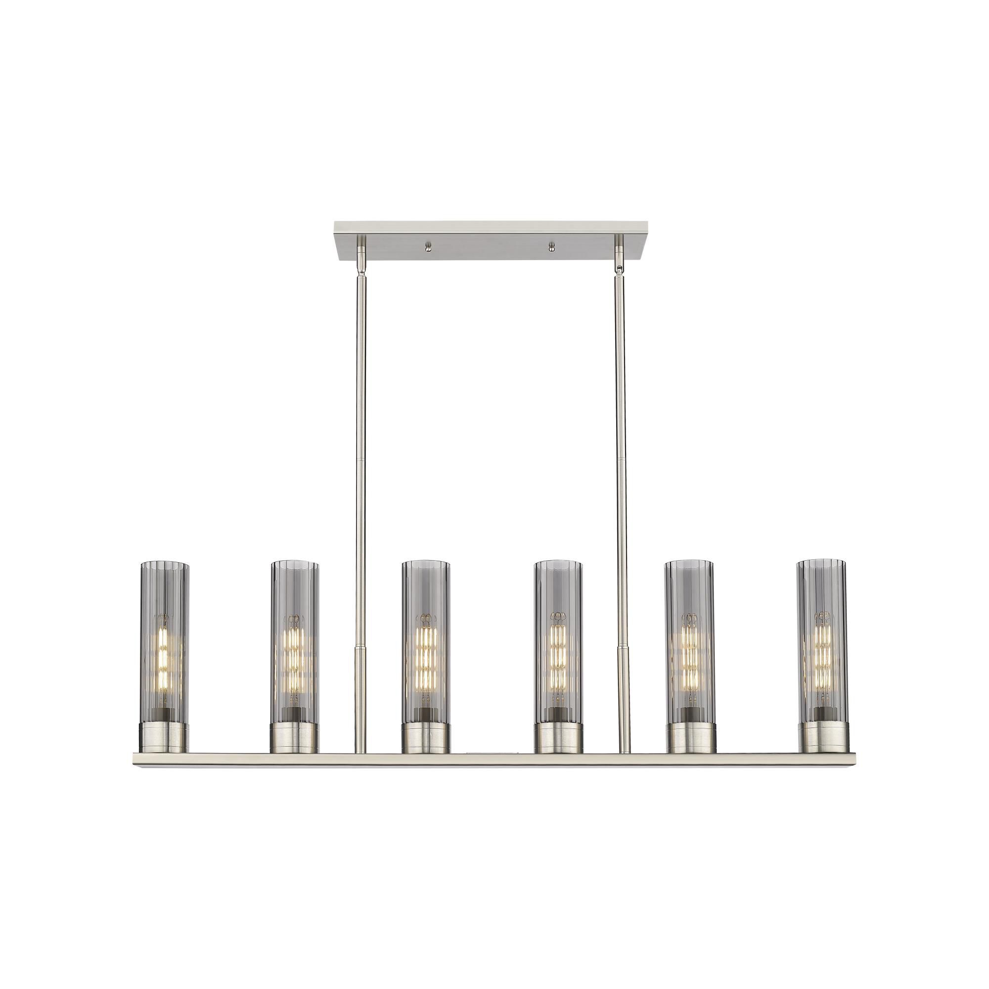 Shown in Satin Nickel finish and Plated Smoke glass and Plated Smoke Glass shade