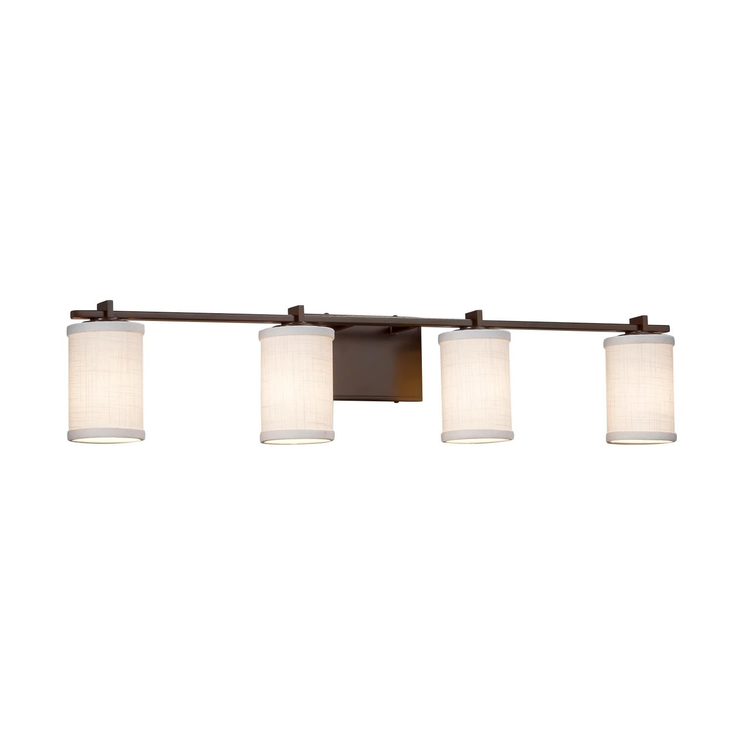 Shown in Dark Bronze finish and White Woven Fabric shade and Cylinder with Flat Rim accent