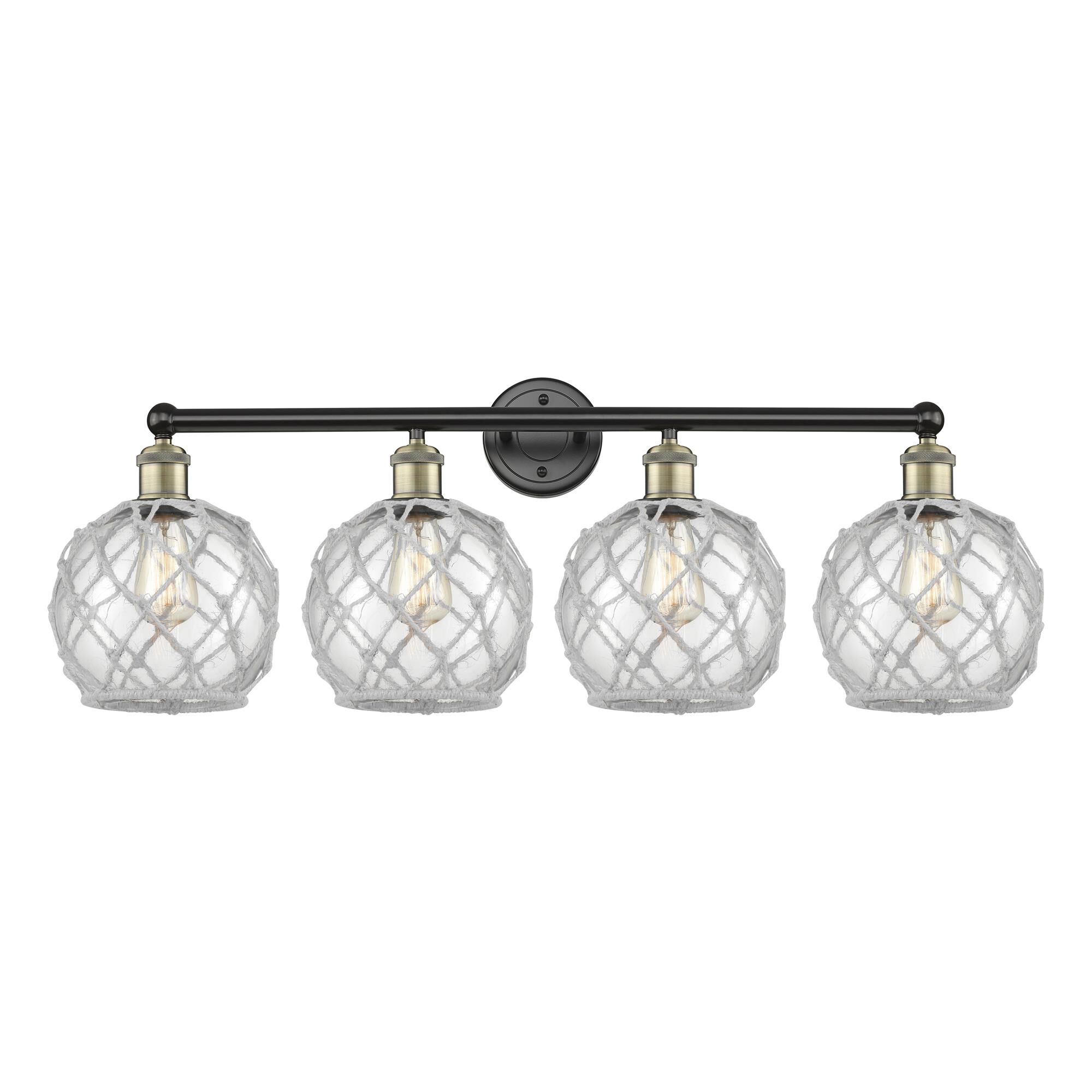Shown in Black Antique Brass finish and Clear with White Rope glass