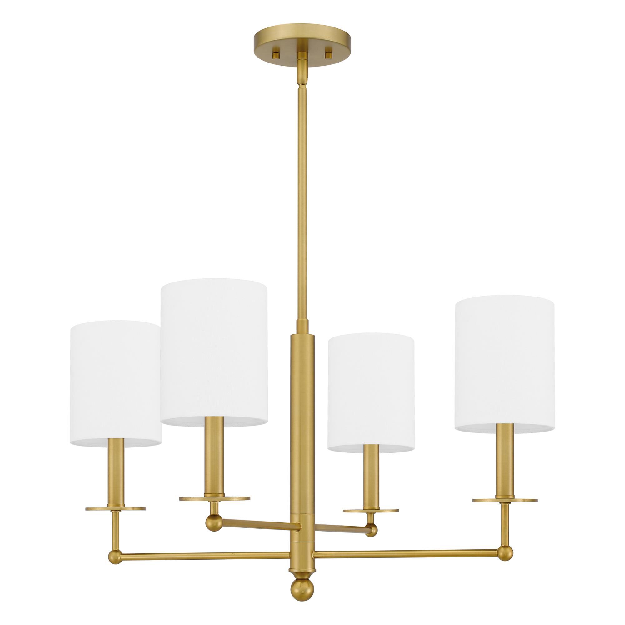 Shown in Aged Brass finish and White Linen shade