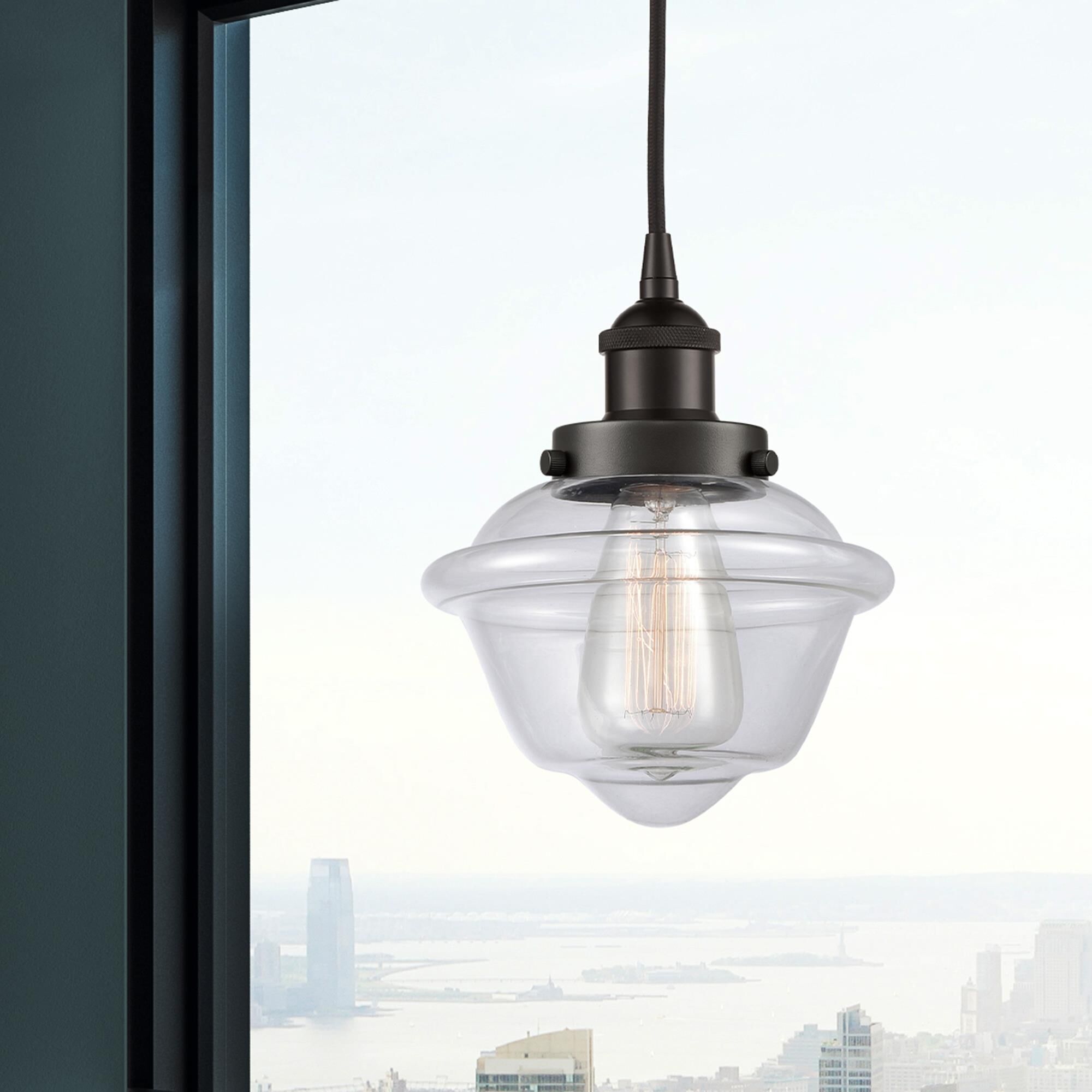 Shown in Oil Rubbed Bronze finish and Clear Small Oxford glass