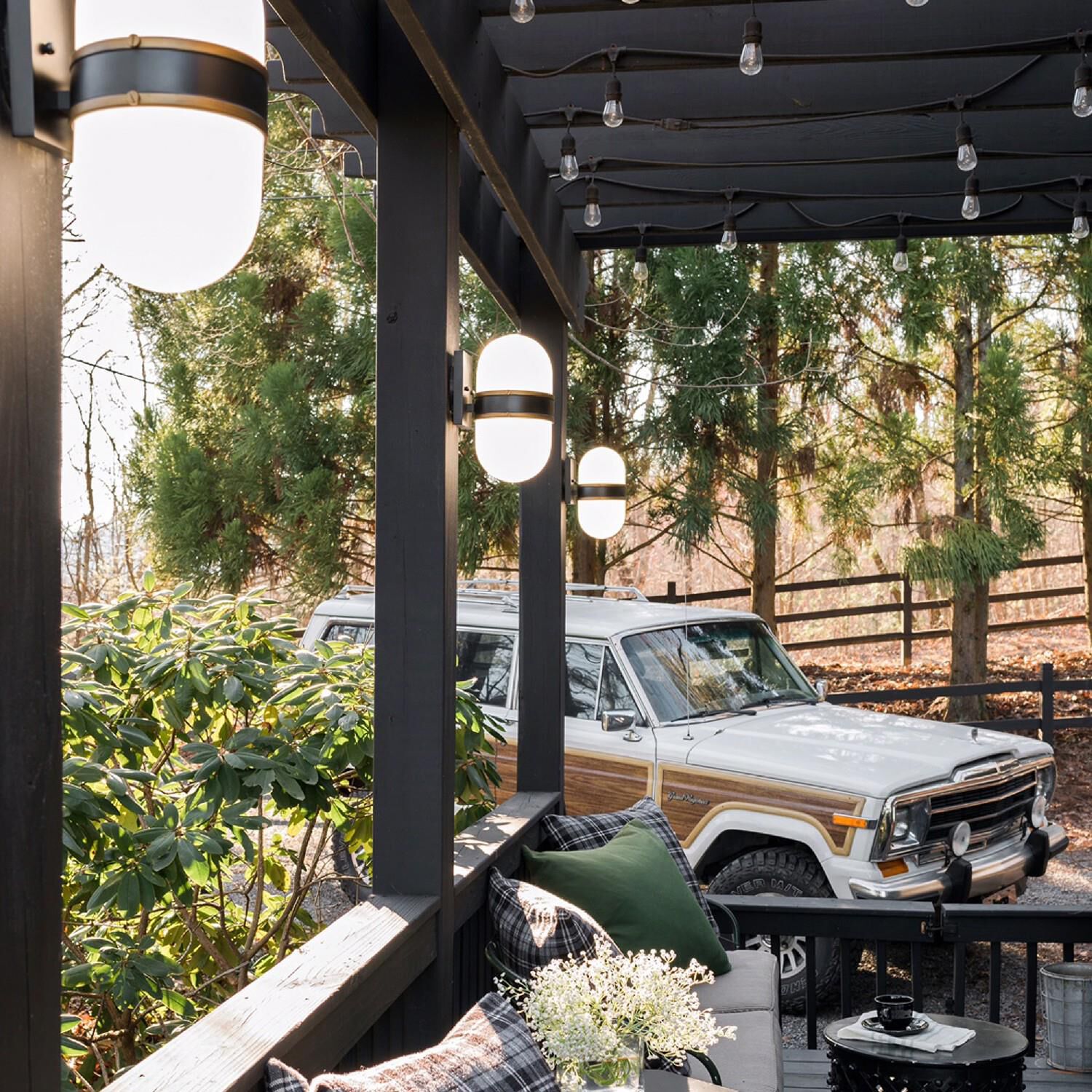 Shown in Matte Black + Textured Gold finish and Opal Frosted glass and Opal Frosted Glass shade