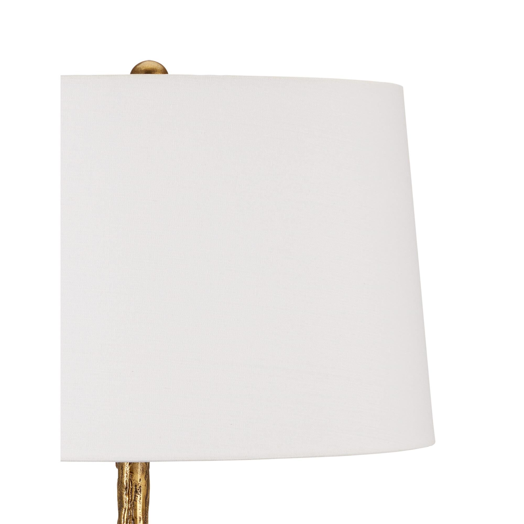 Shown in Antique Brass finish and Off White Linen shade