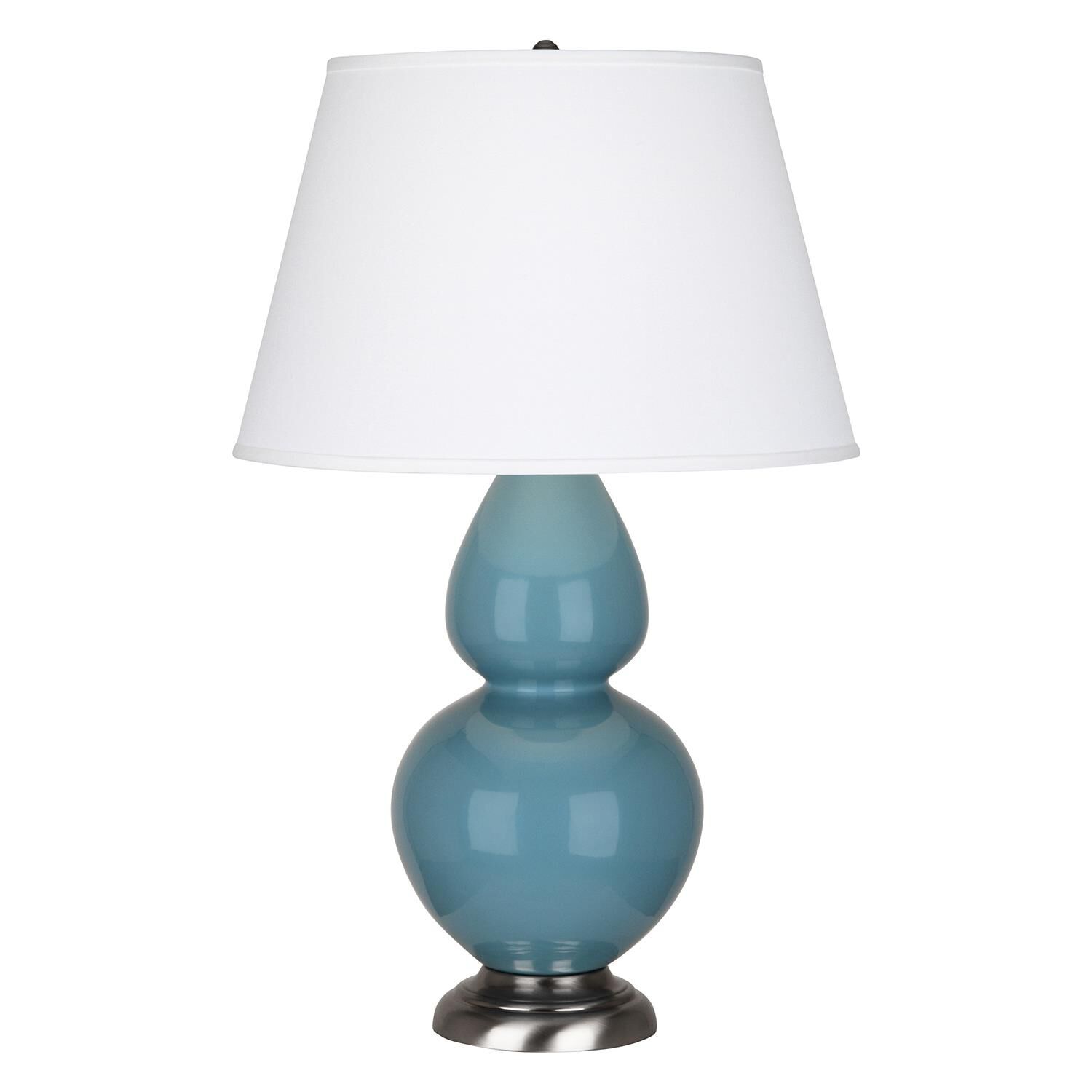 Shown in Steel Blue Glazed Ceramic With Antique Silver ed Accents finish and Pearl Dupioni Fabric shade