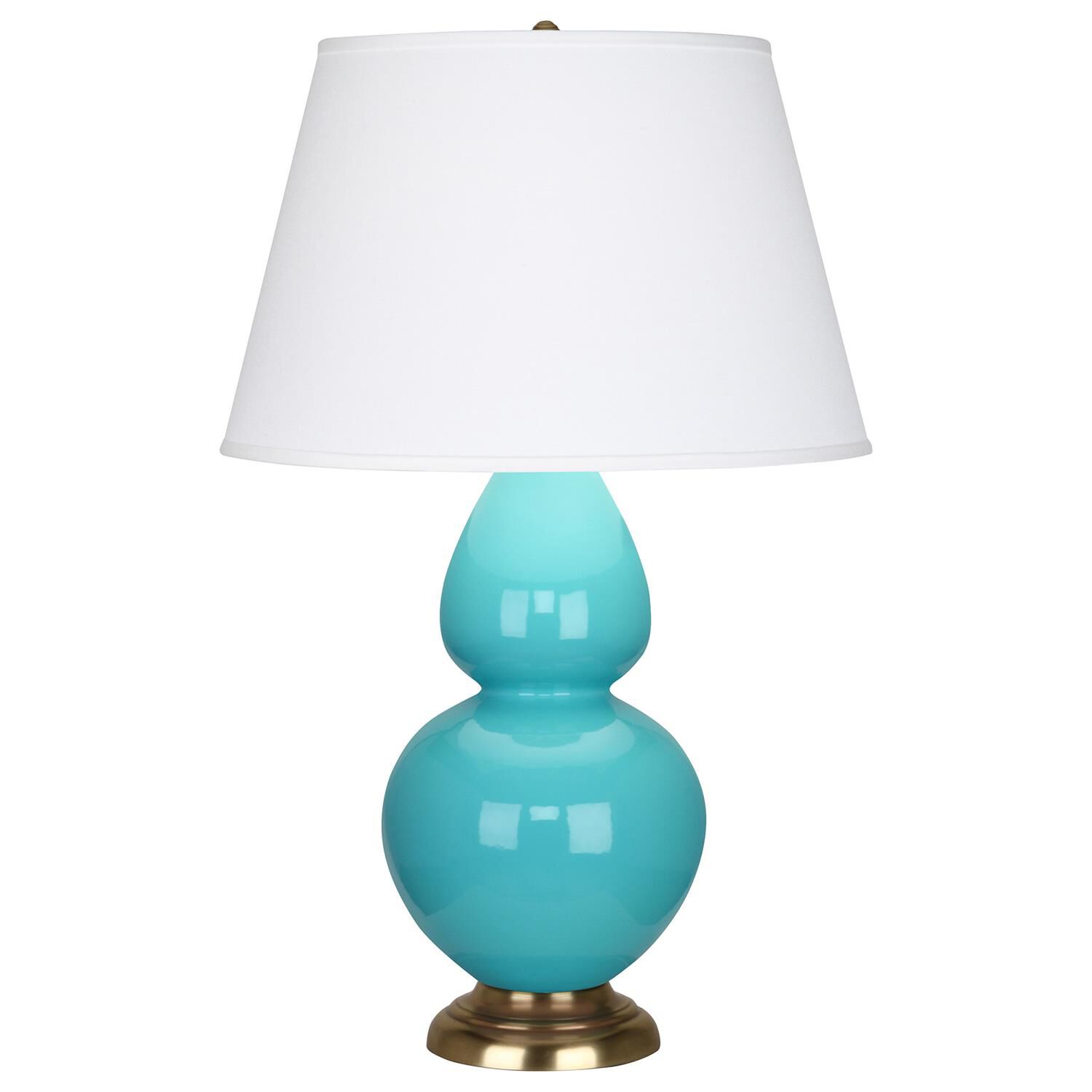 Shown in Egg Blue Glazed Ceramic With Antique Natural Brass ed Accents finish and Pearl Dupioni Fabric shade