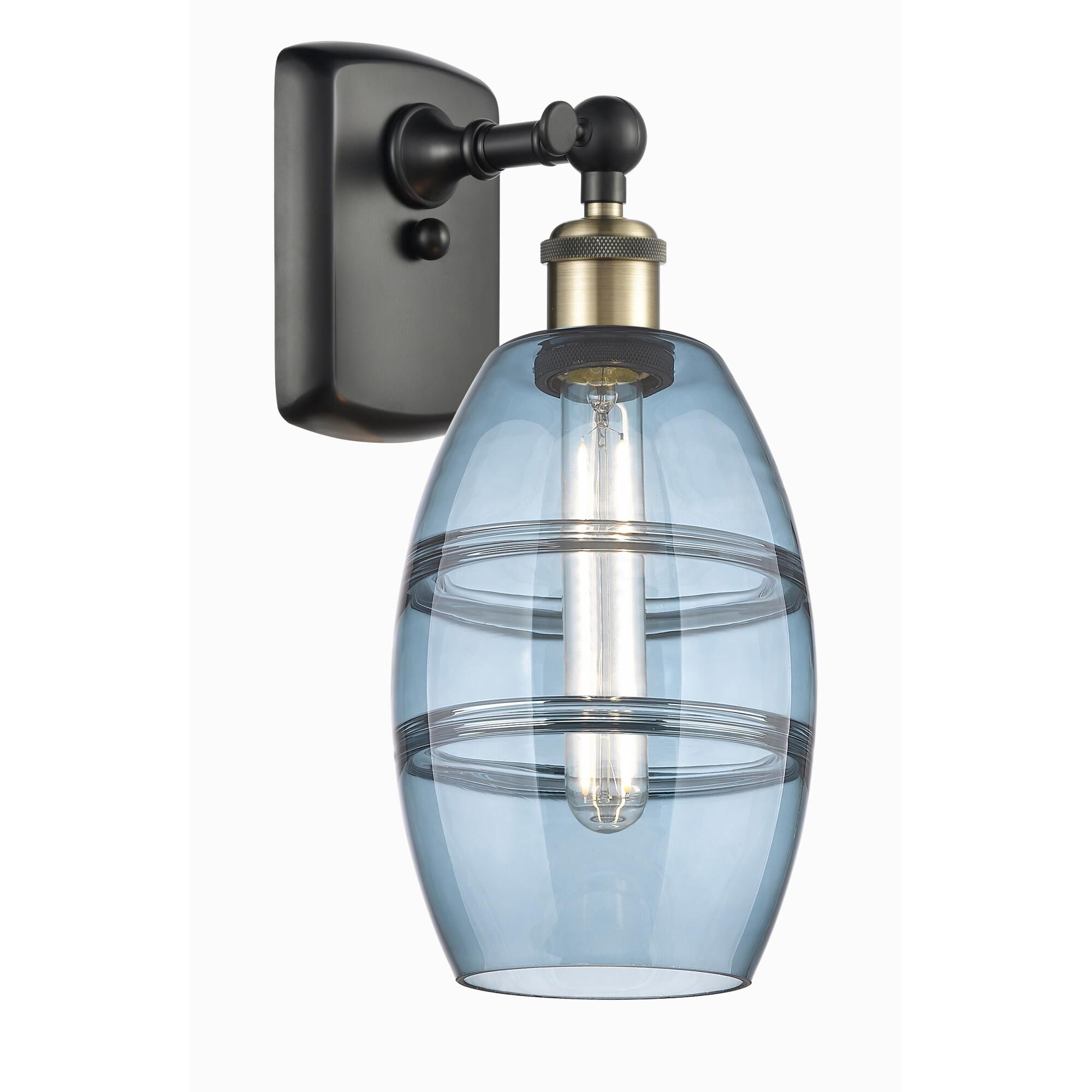 Shown in Black Antique Brass finish and Princess Blue glass