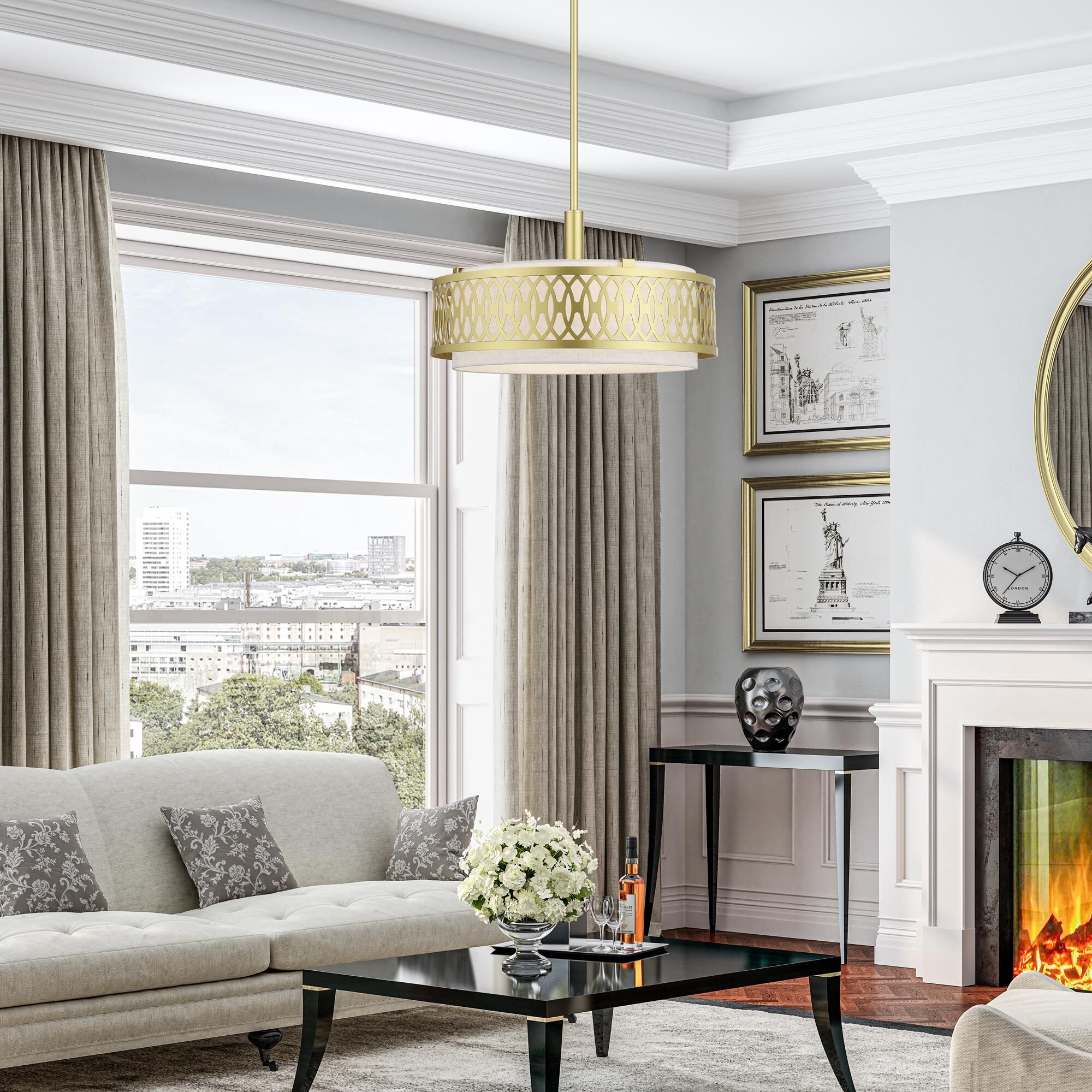 Shown in Soft Gold finish and Hand Crafted Oatmeal Color Hardback shade