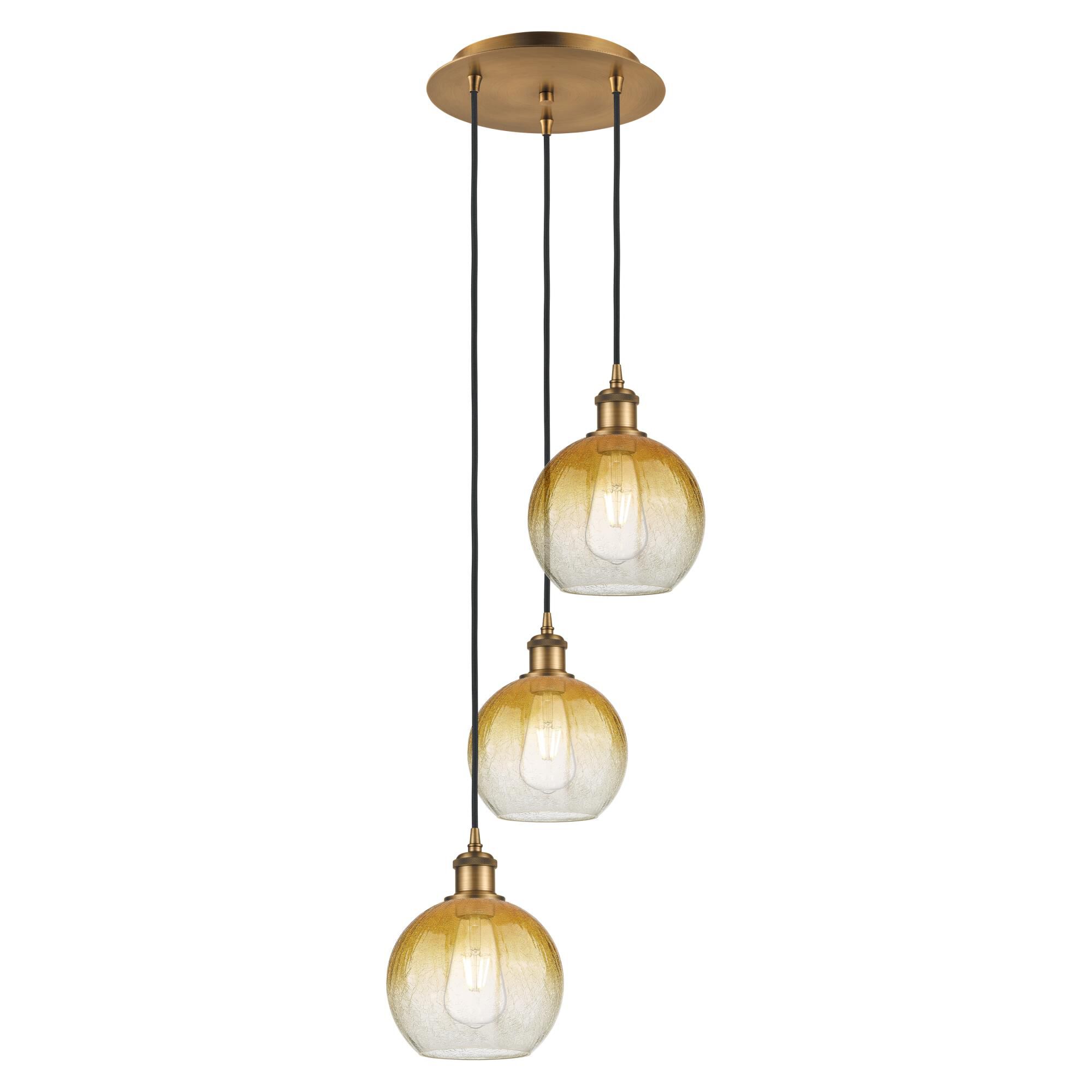 Shown in Brushed Brass finish and Amber glass