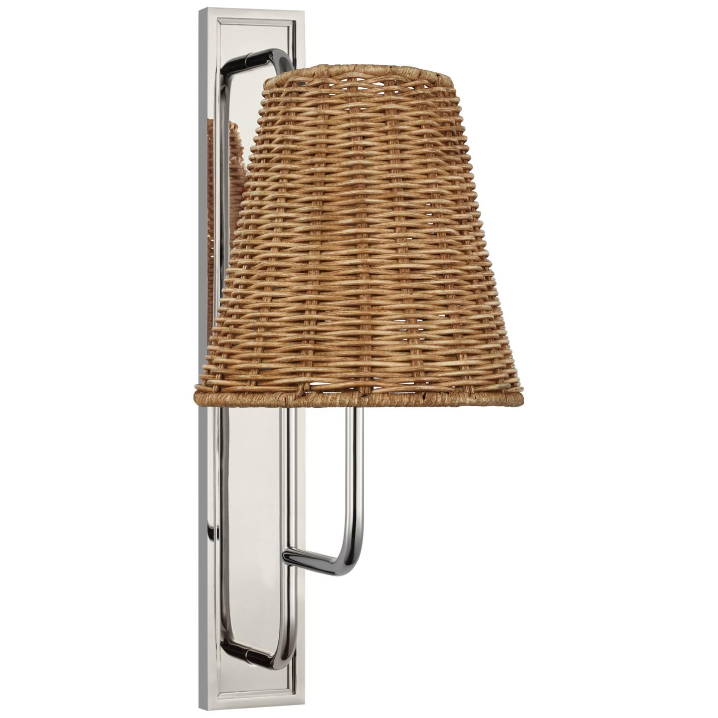 Shown in Polished Nickel finish and Natural Wicker shade