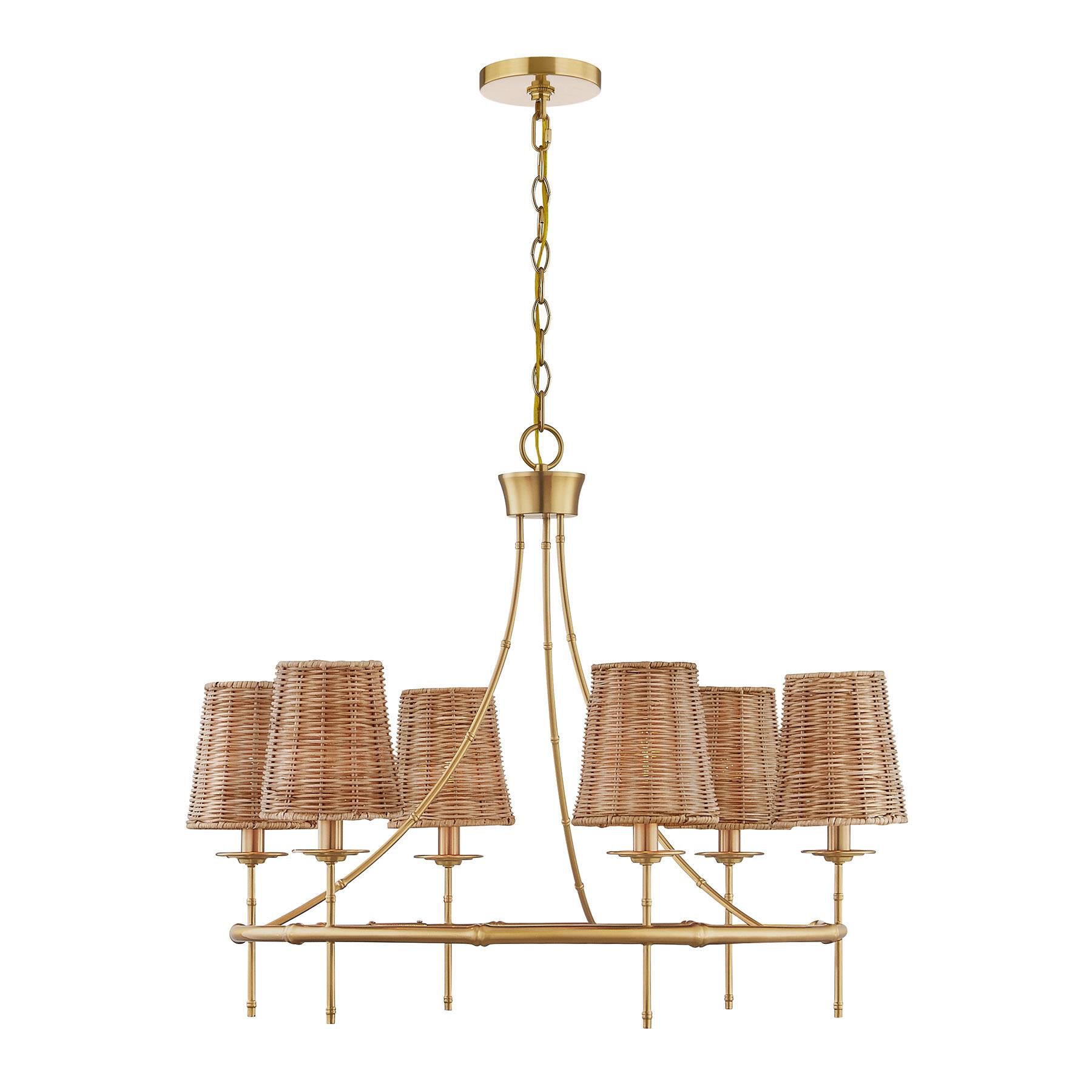Shown in Warm Brass finish and Rattan shade
