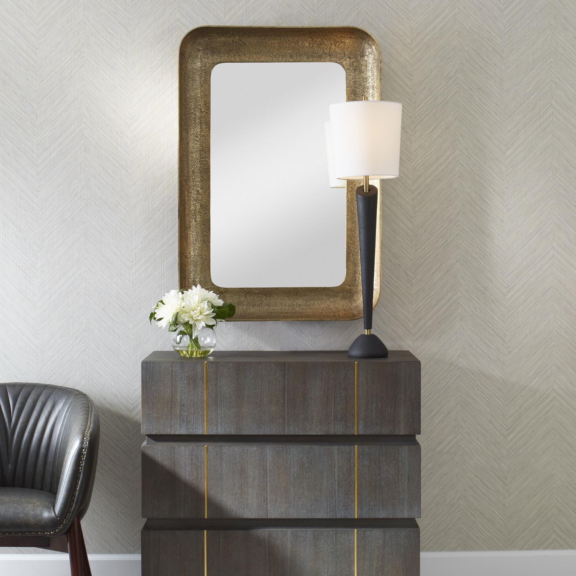 Shown in Crafted From Cast Aluminum And Finished In A Lustrous Plated Antique Brass, The Alvaro Mirror Boasts finish