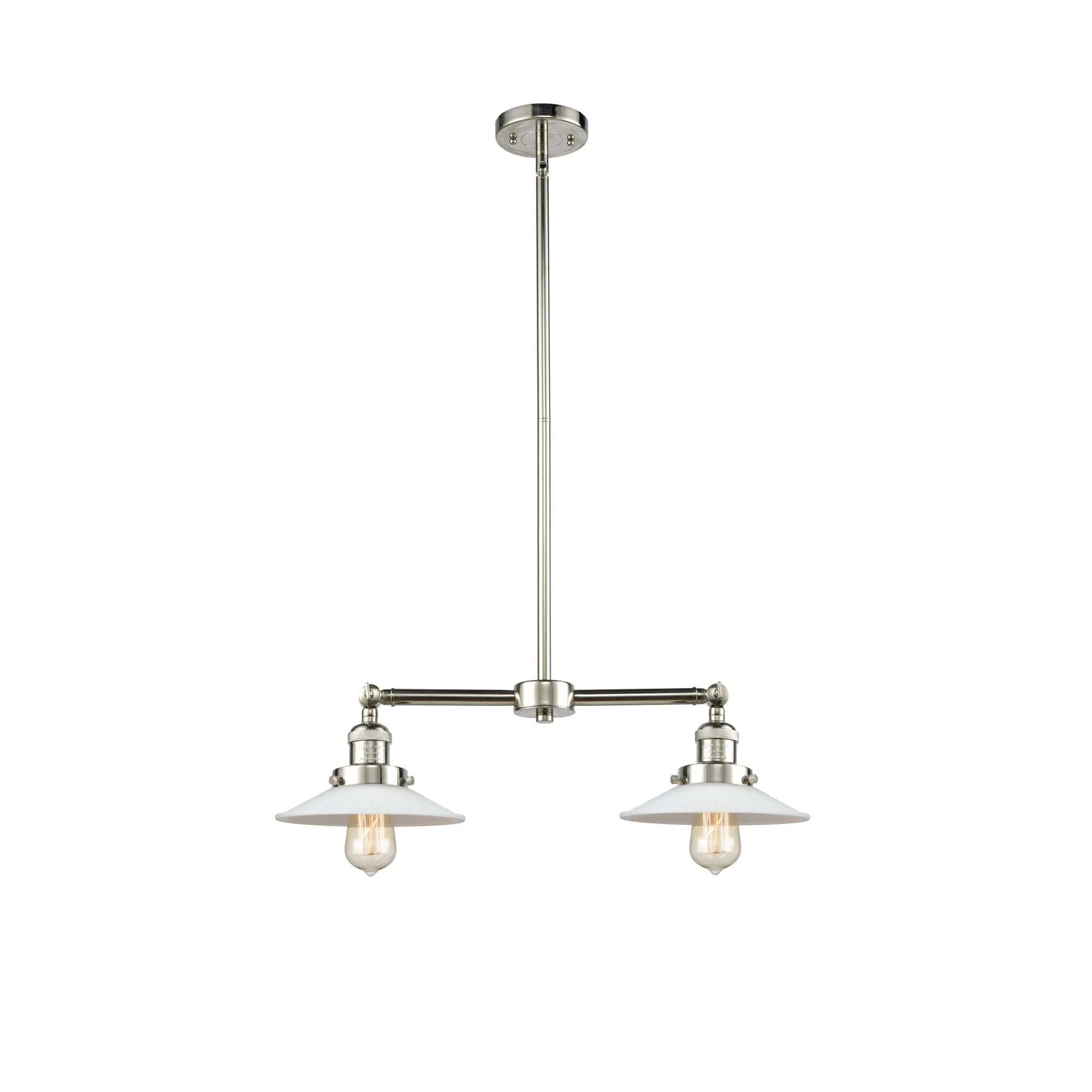 Shown in Polished Nickel finish and Matte White Halophane - Cone glass