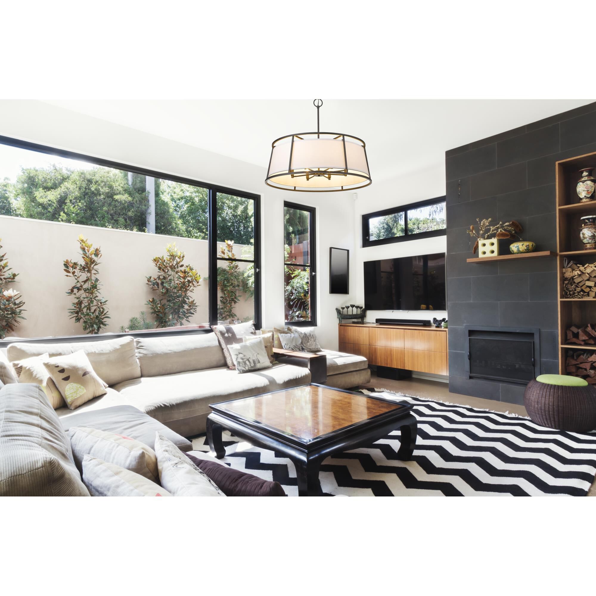 Shown in Iron Ore finish and Fabric glass and Fabric shade