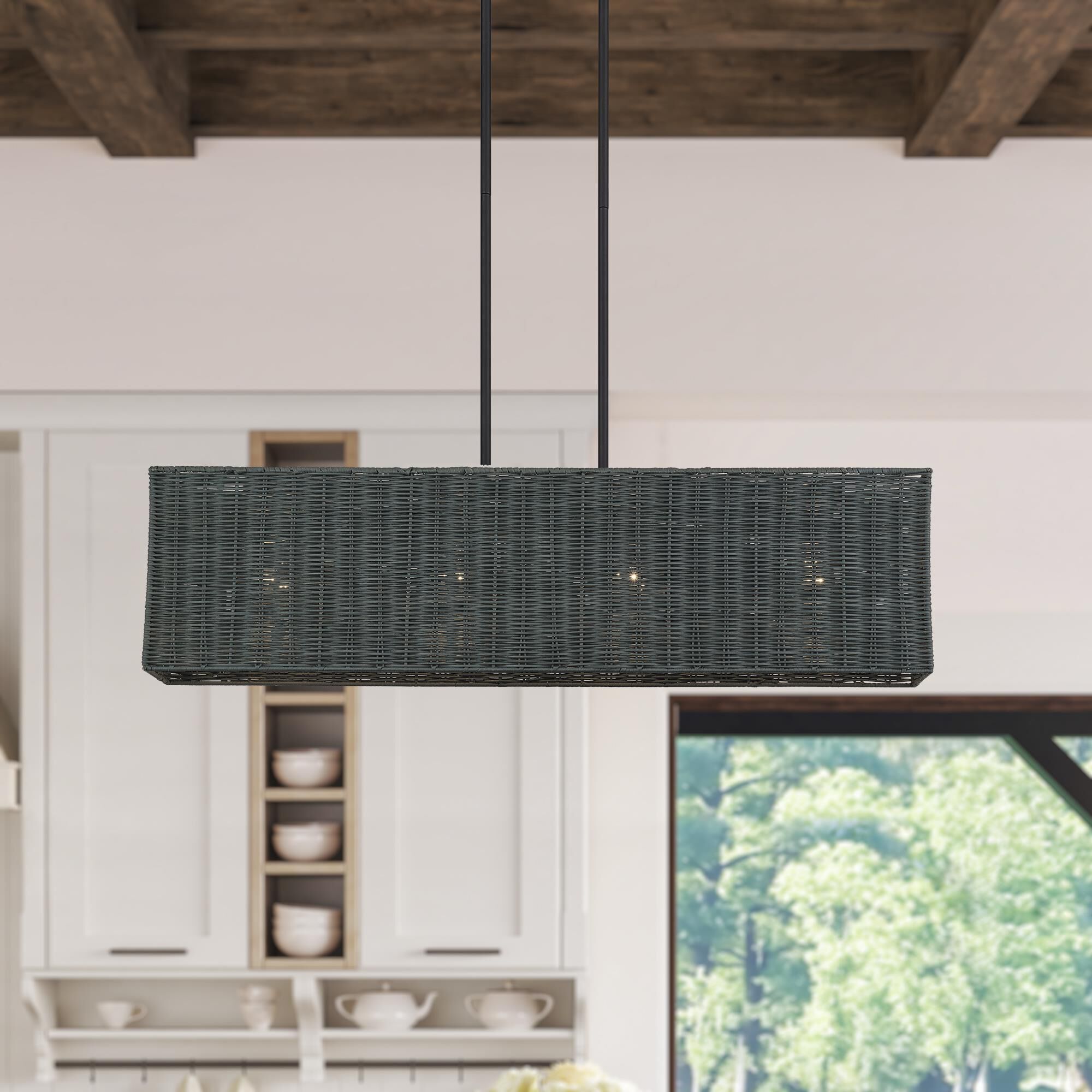 Shown in Black finish and Hand-Woven Charred Gray Color Rattan shade