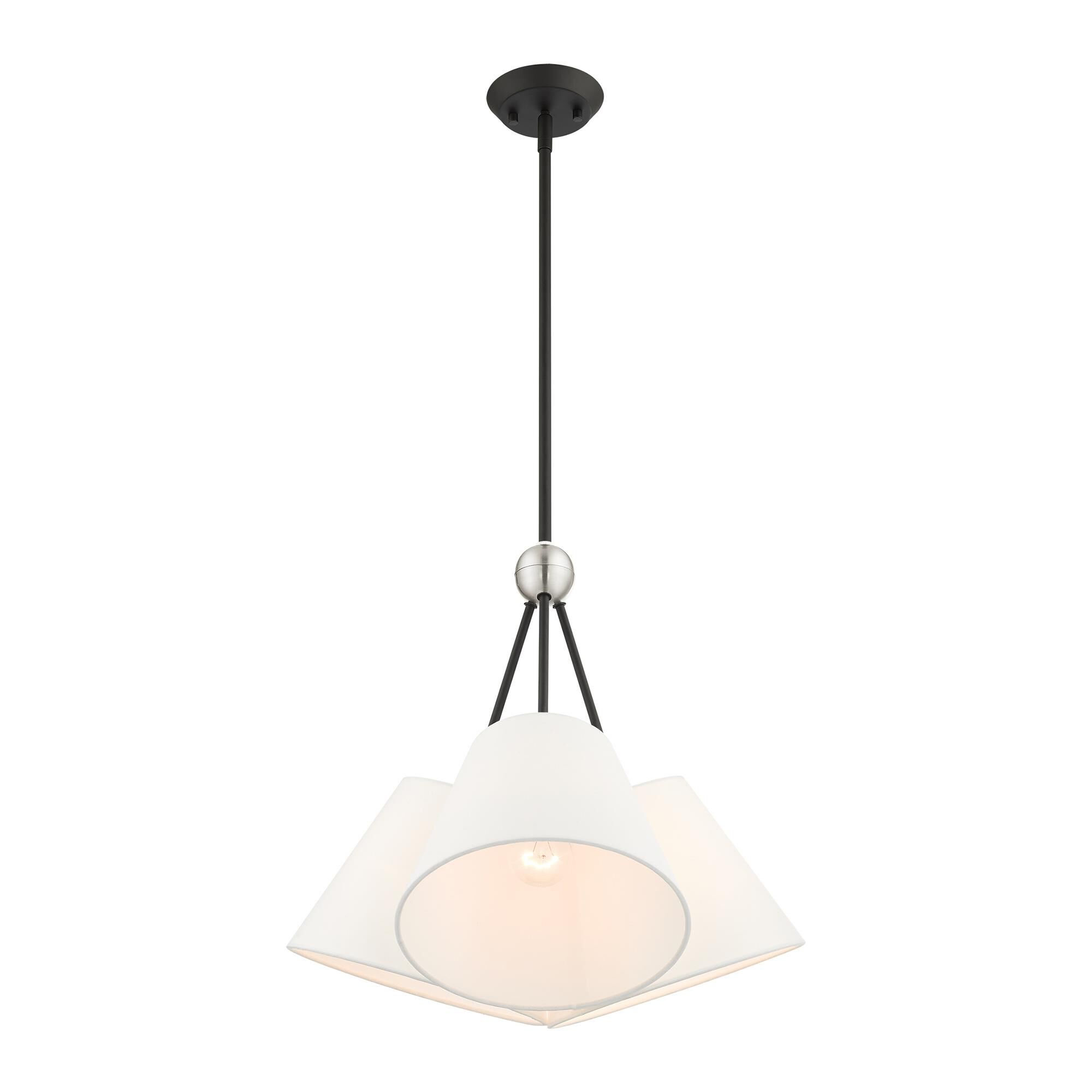 Shown in Black finish and Hand Crafted Off White Fabric Hardback Shade glass and Hand Crafted Off White Fabric Hardback shade