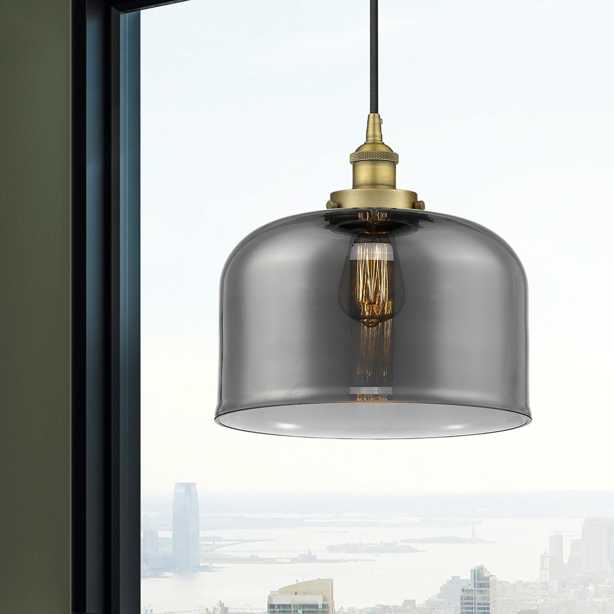 Shown in Brushed Brass finish and Plated Smoke X-Large Bell glass