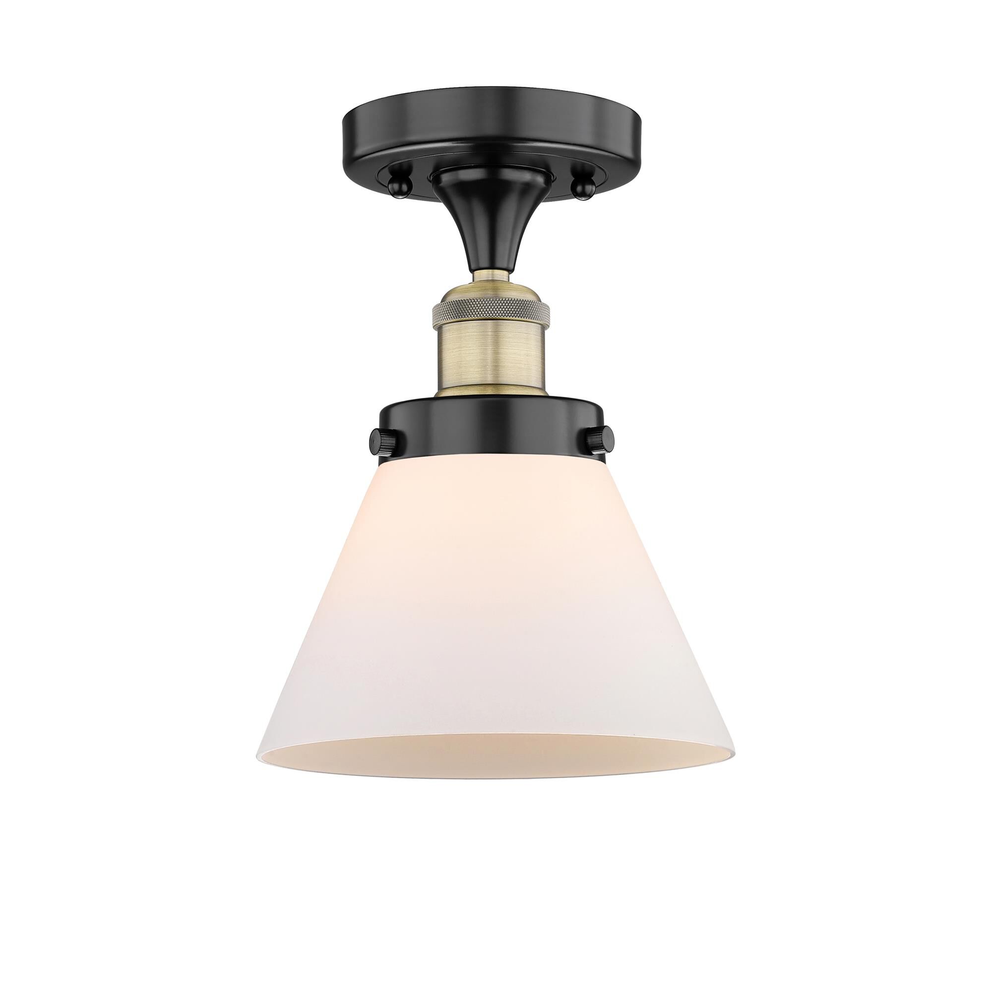 Shown in Black Antique Brass finish and Matte White glass