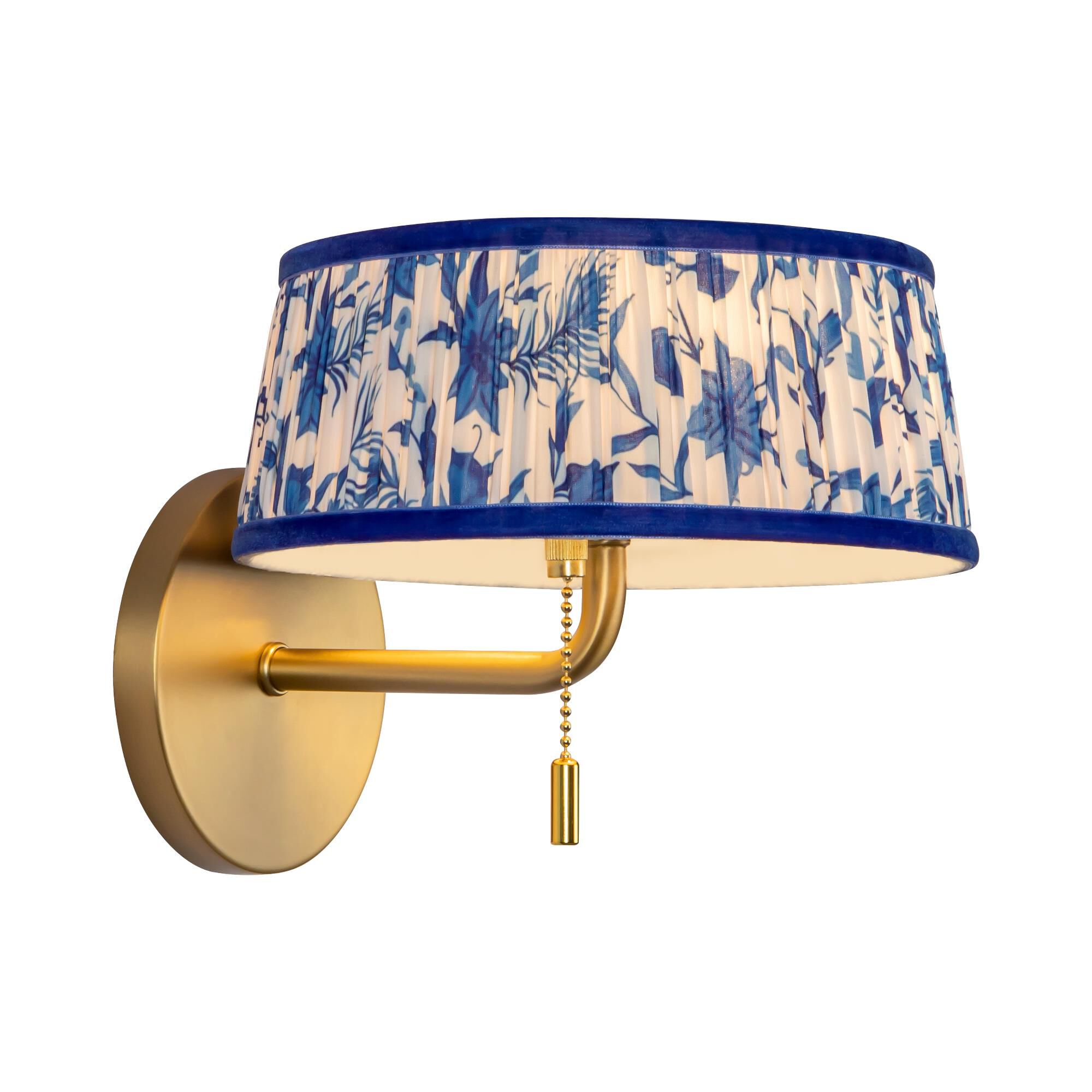 Shown in Brushed Gold finish and Blue Linen shade