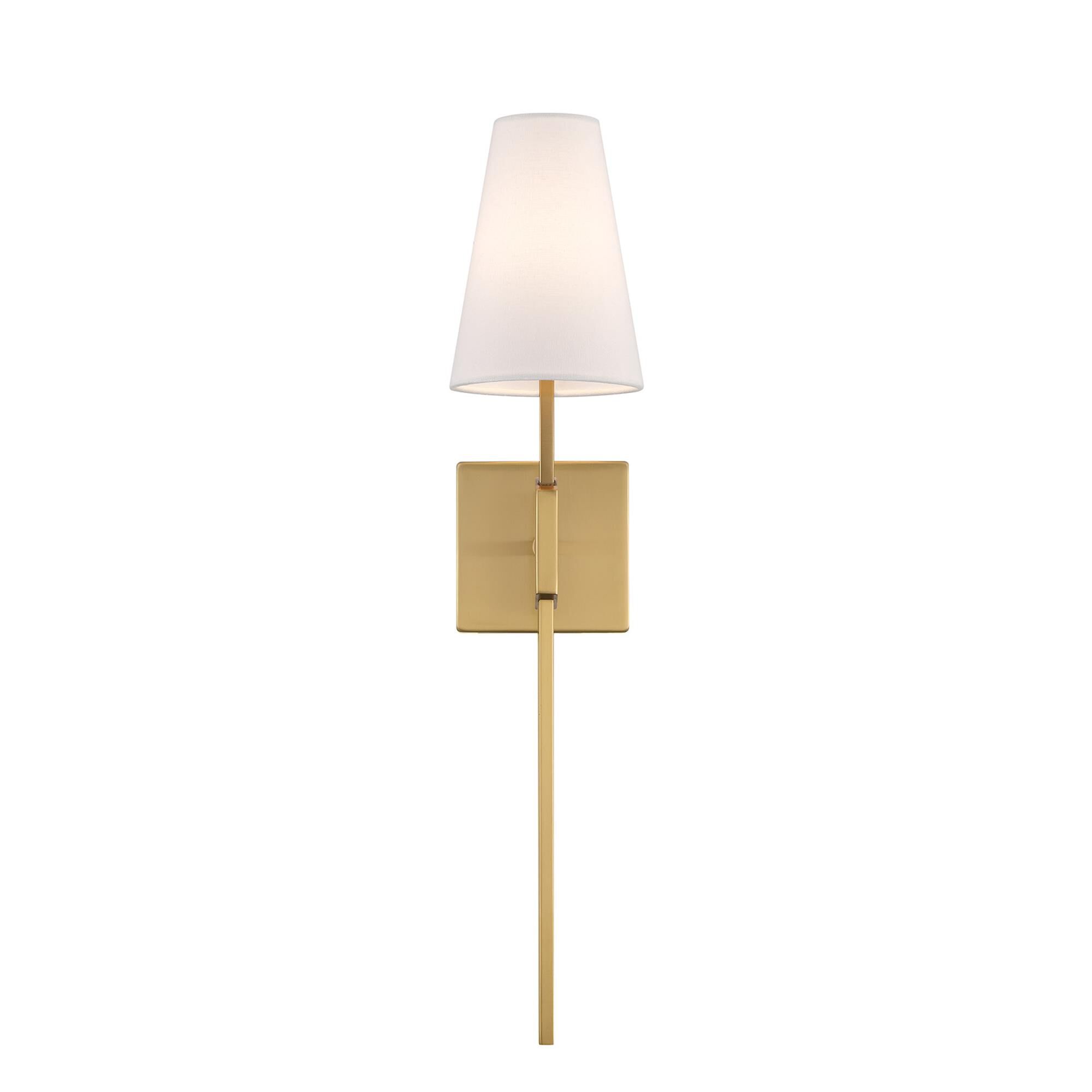 Shown in Natural Brass finish and White Linen Fabric shade