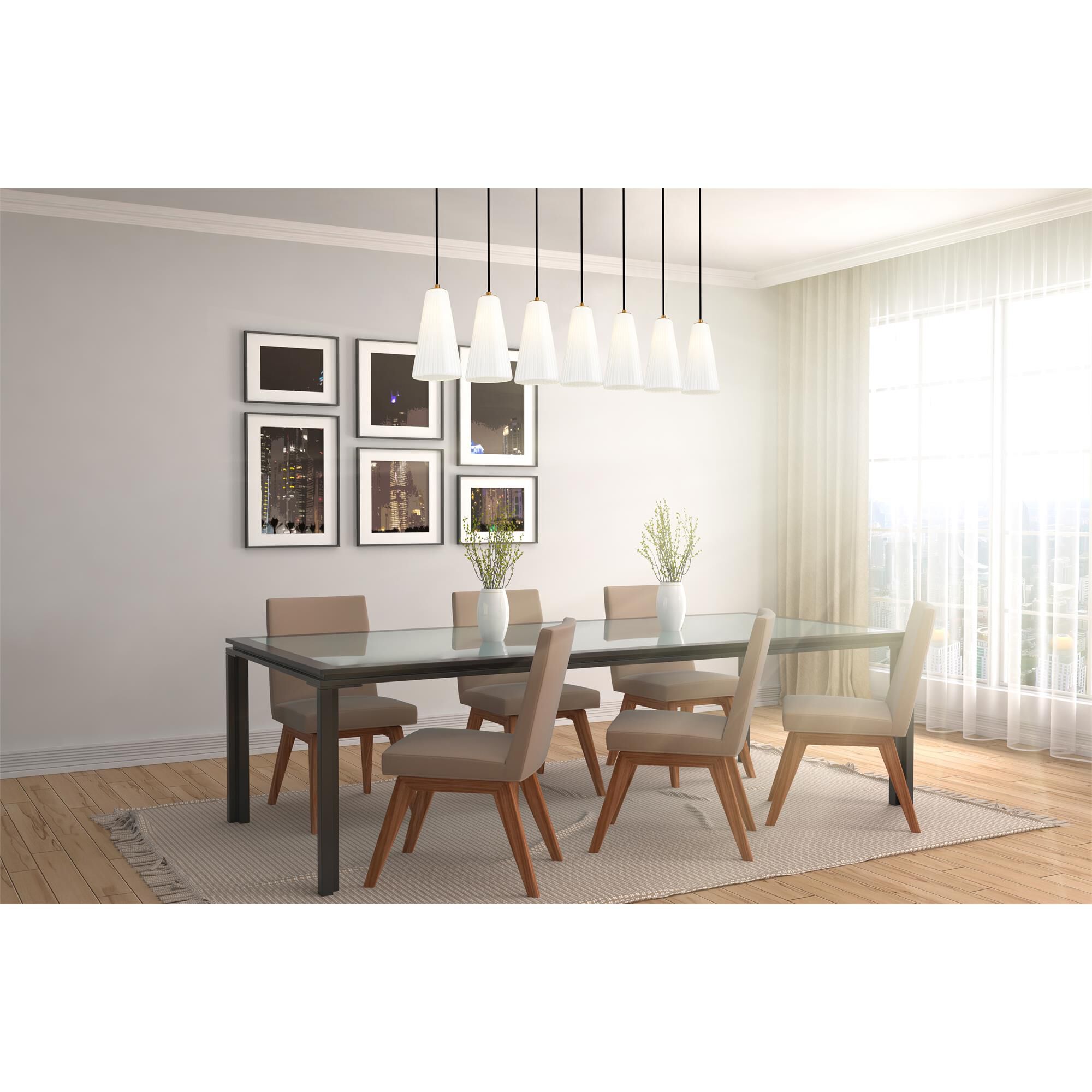 Shown in Brushed Nickel finish and White glass and White shade