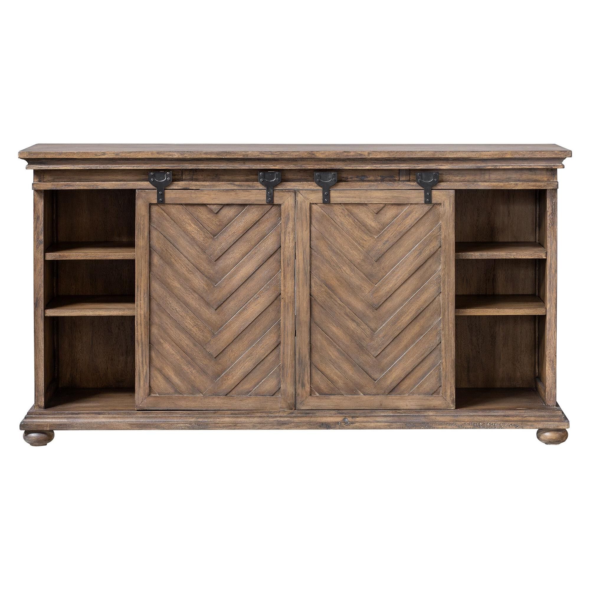 Shown in A Craftsman Built Media Piece Finished In Antique Honey Over Mango Veneer, Featuring Chevron Pattern finish