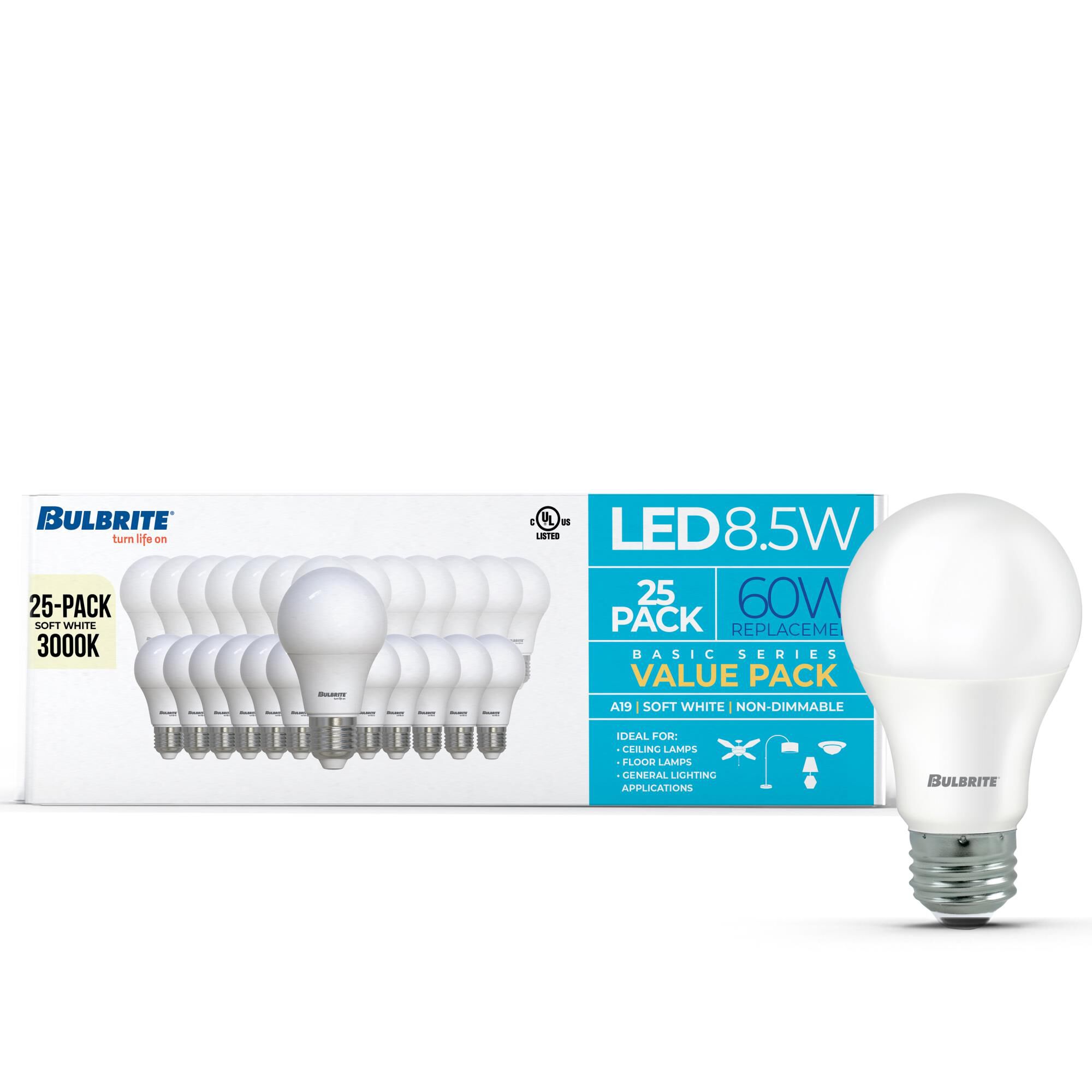 Frost A19 Base E26 3000K  LED Light Bulb Pack of 25,
