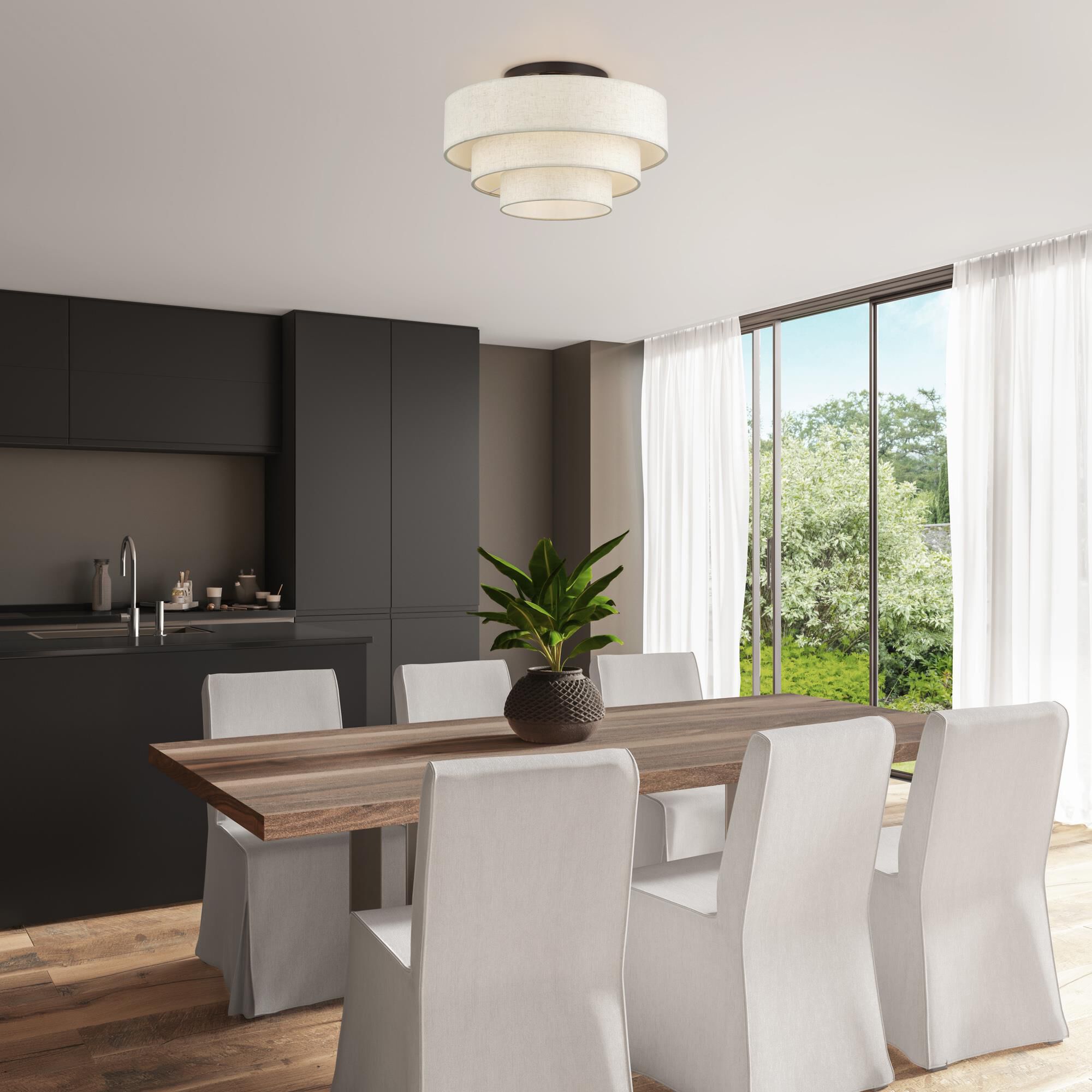 Shown in English Bronze finish and Hand Crafted Oatmeal Color Fabric with White Color Inside shade