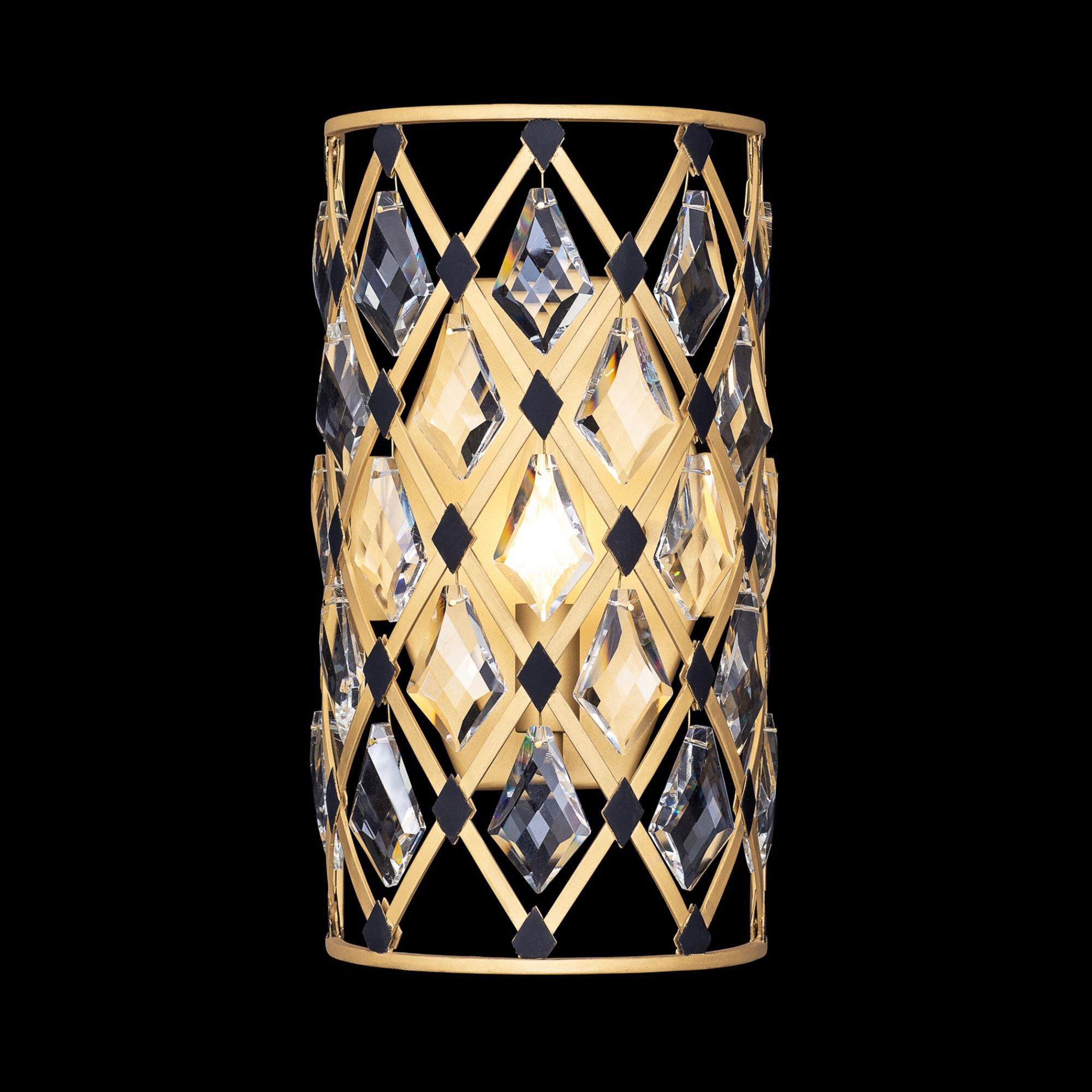 Shown in French Gold and Matte Black finish and Clear crystal