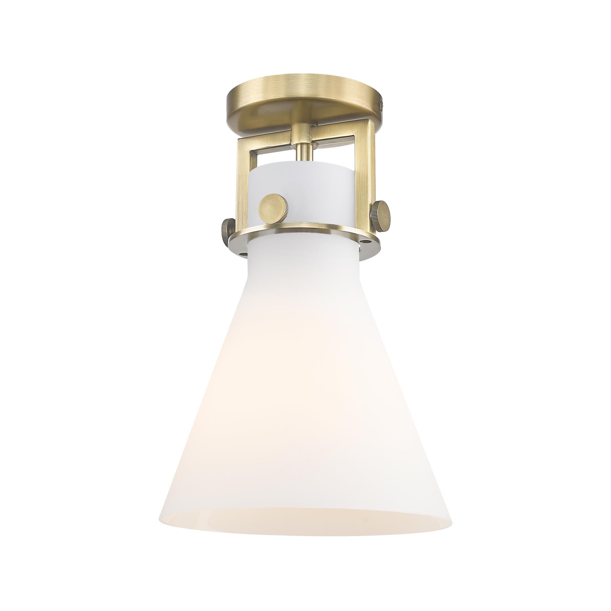 Shown in Brushed Brass finish and Matte White glass