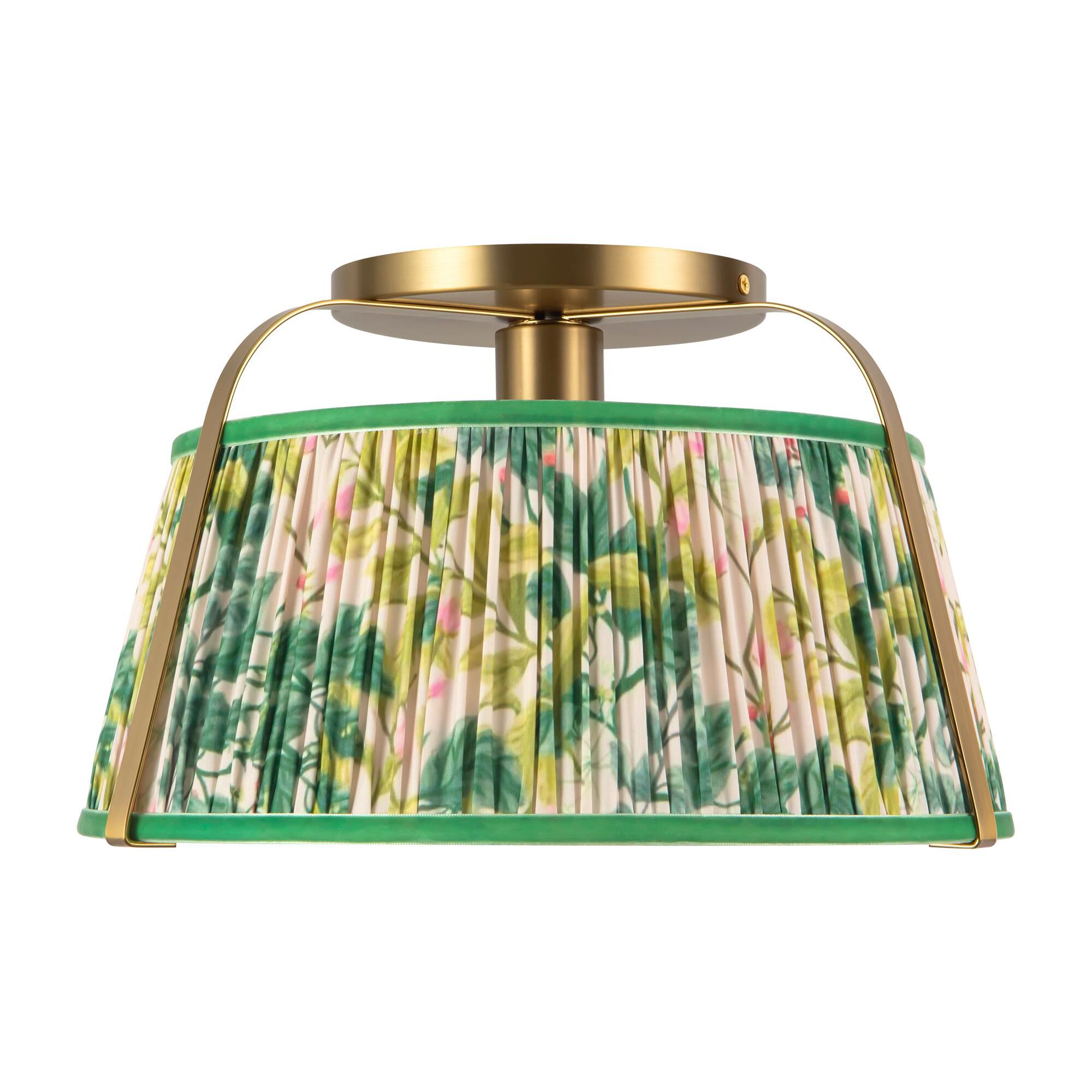 Shown in Brushed Gold finish and Frosted Polycarbonate Diffuser glass and Green Linen shade
