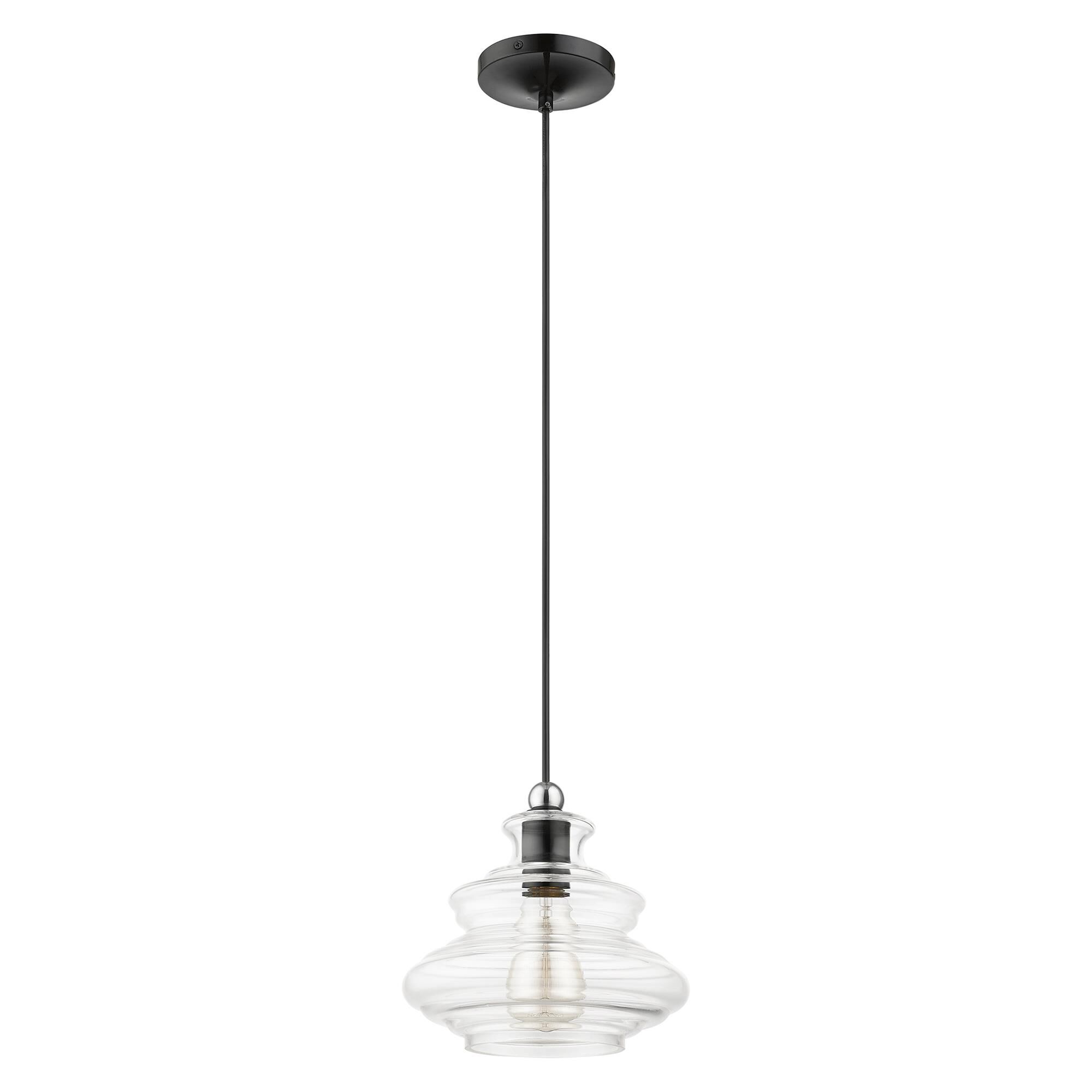 Shown in Shiny Black With Chrome Accents finish and Hand Blown Clear Art glass