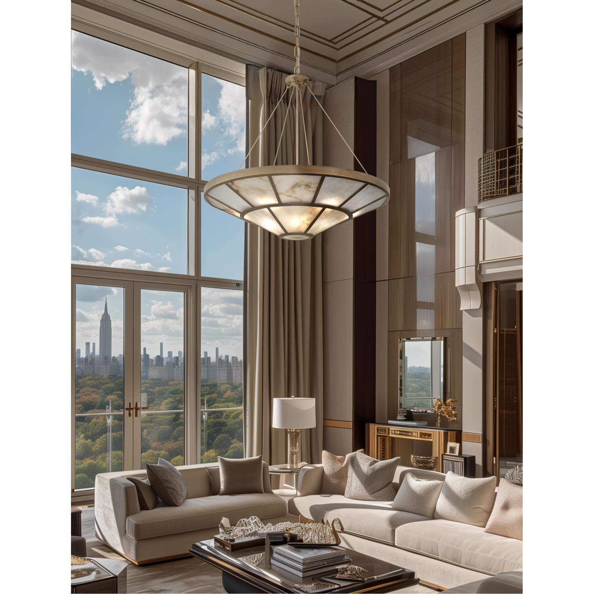 Shown in Ashen Gold finish and Alabaster White glass