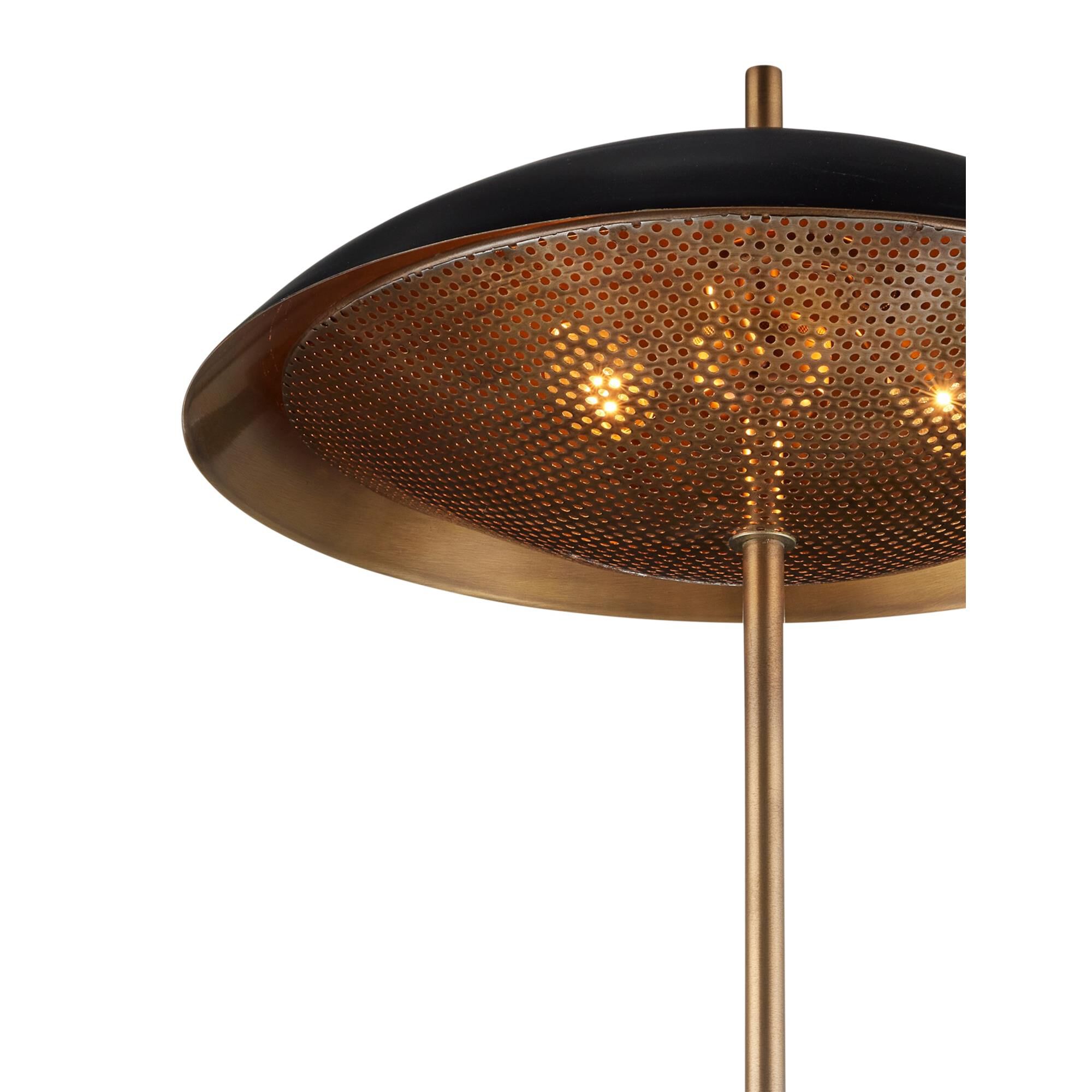 Shown in Antique Brass and Black finish and Black Matte Metal shade