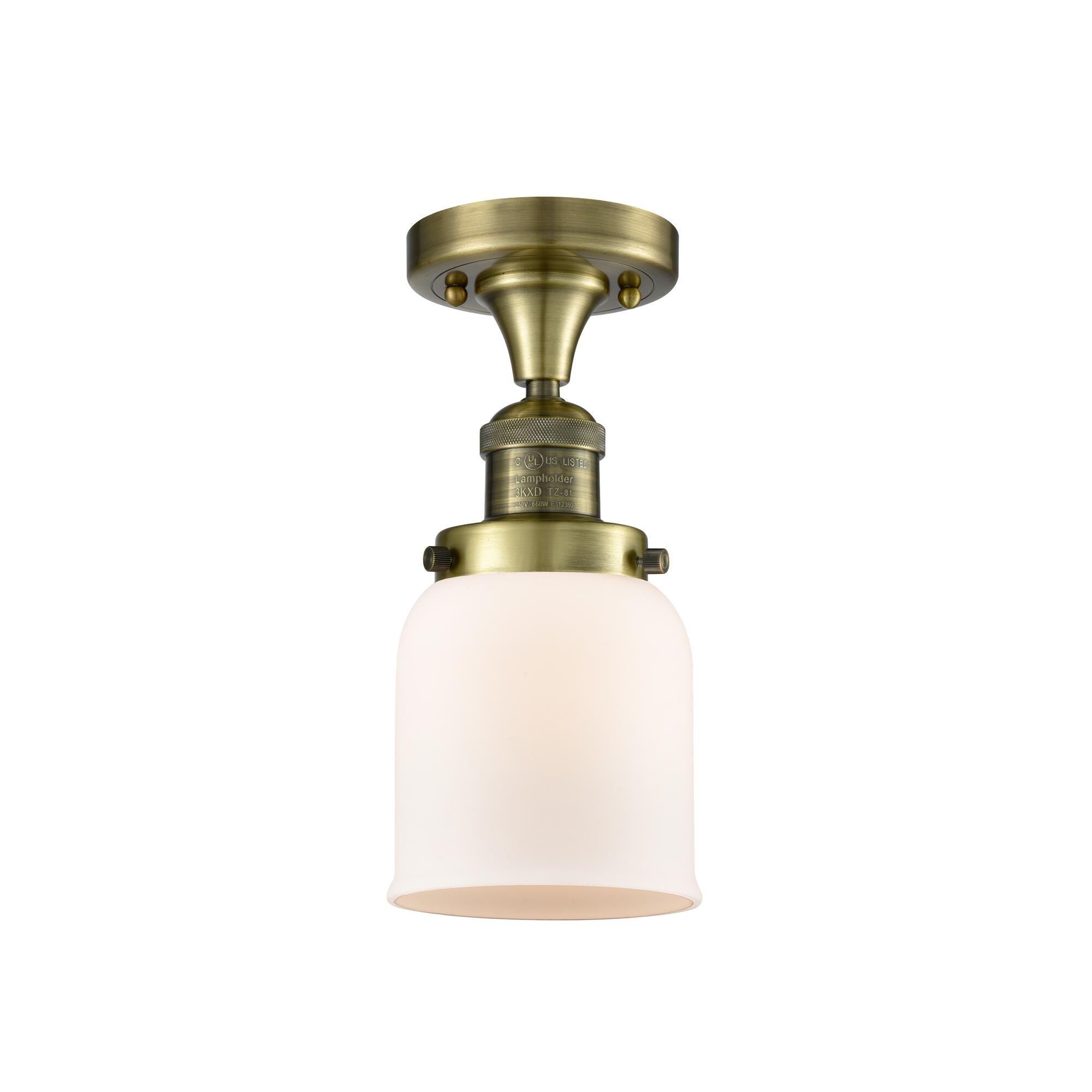 Shown in Antique Brass finish and Matte White Cased glass