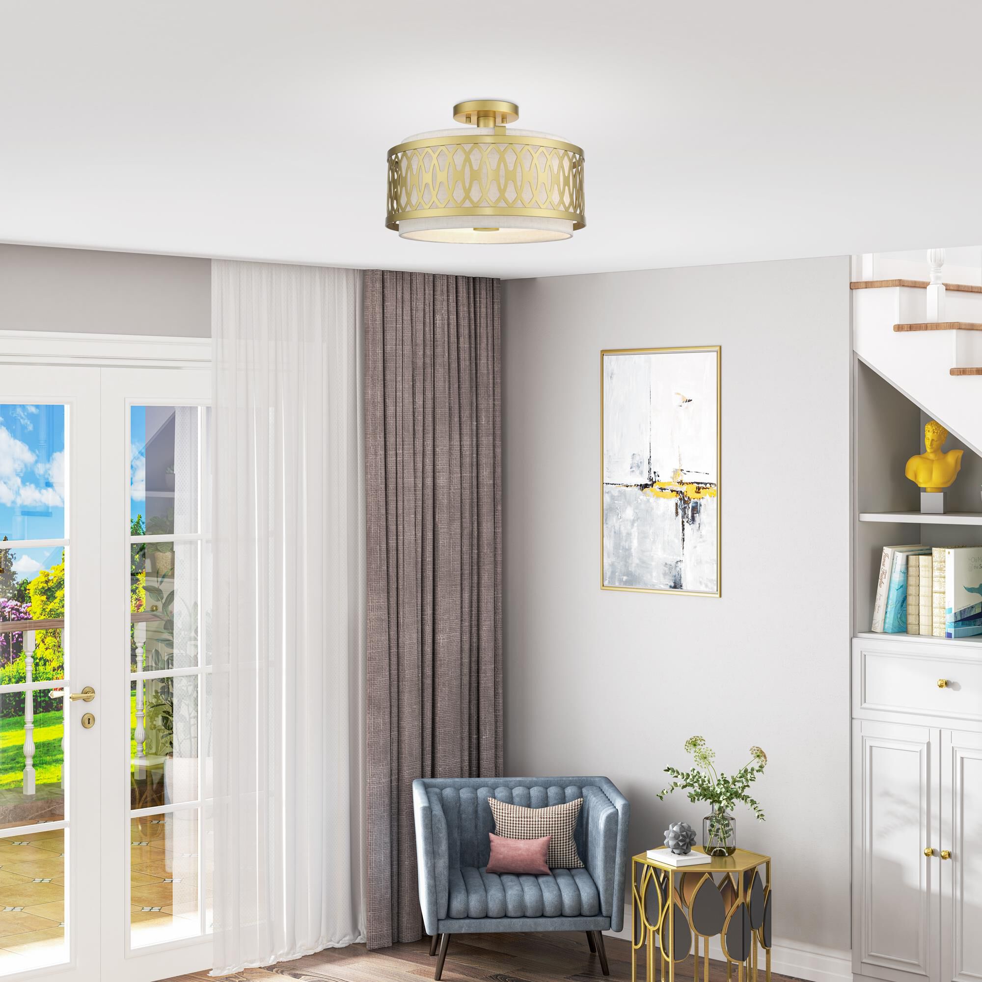 Shown in Soft Gold finish and Hand Crafted Oatmeal Color Hardback shade