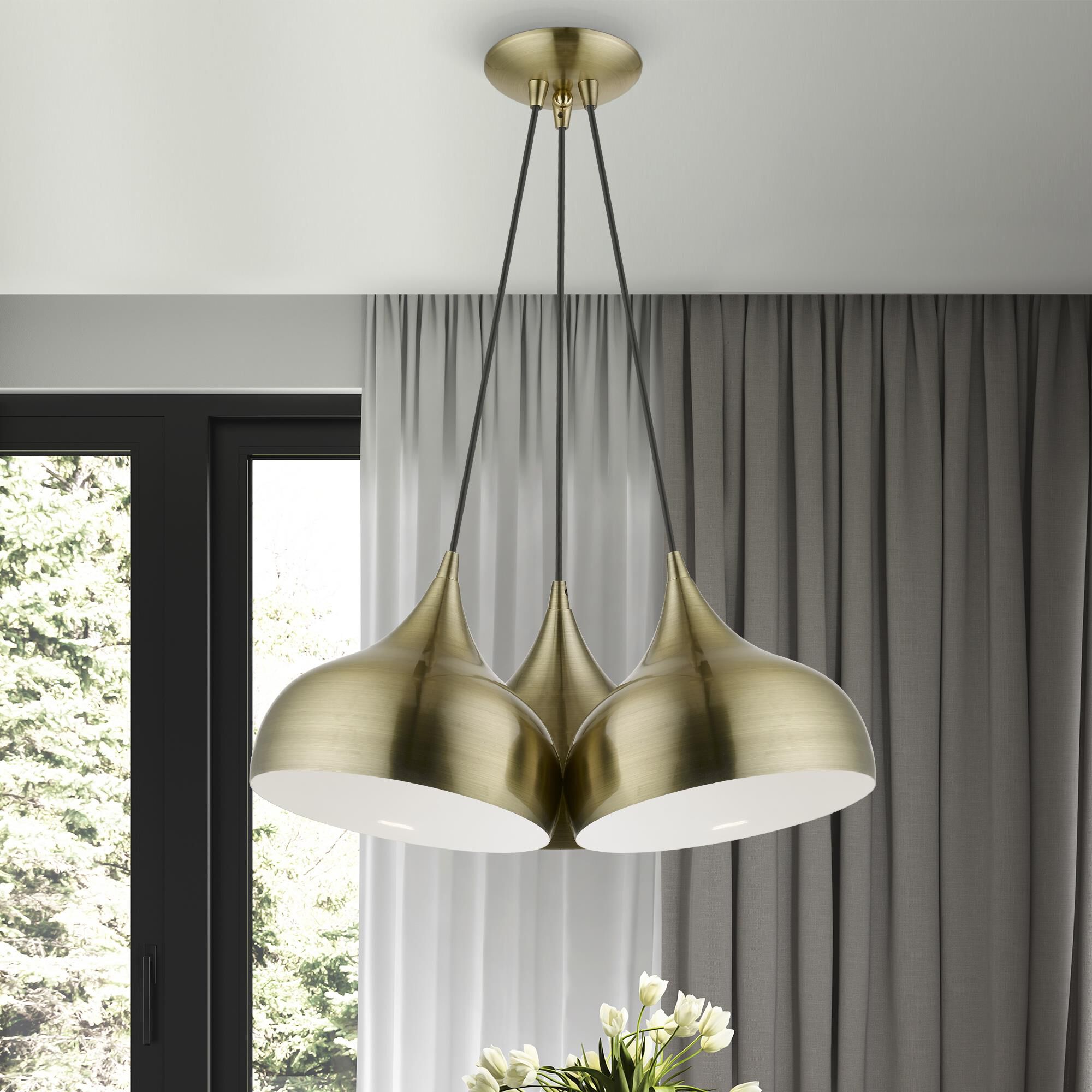 Shown in Antique Brass finish and Antique Brass with White Inside shade