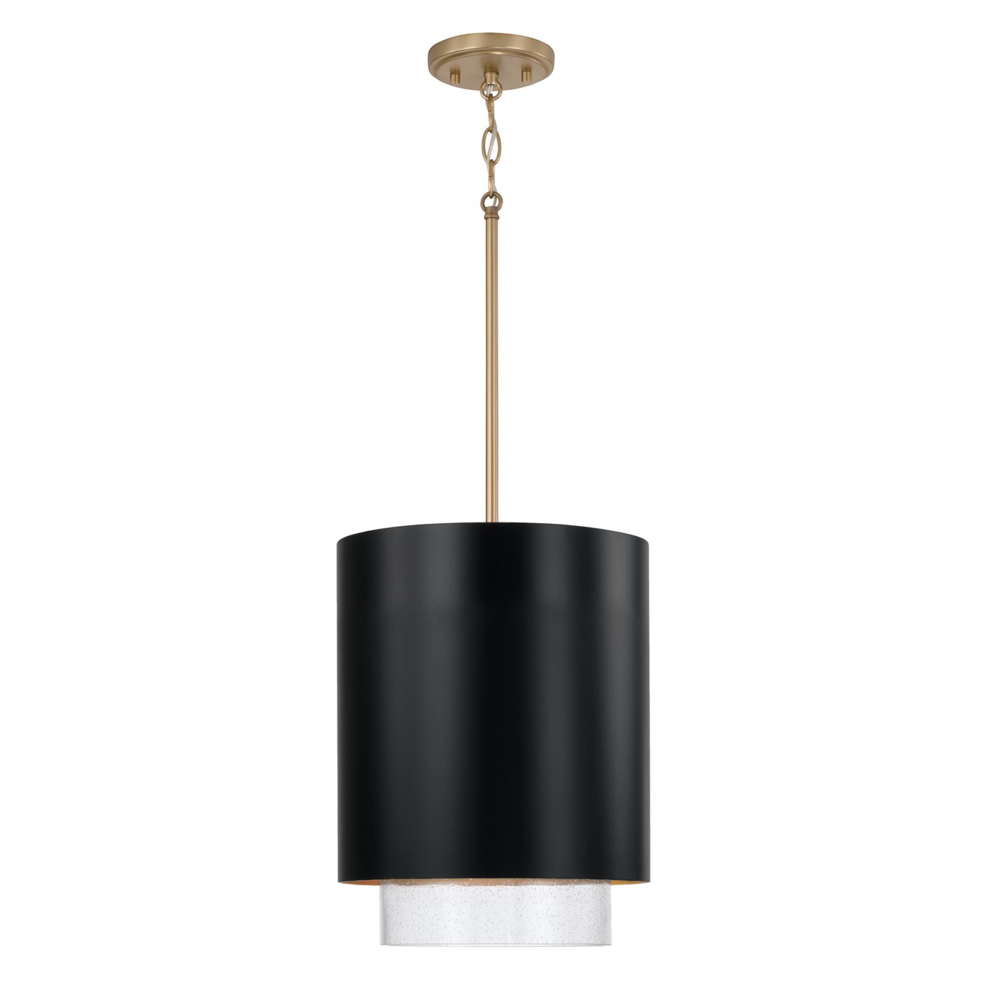 Shown in Matte Brass and Black finish and Clear Seeded glass and Metal with Brass Interior shade