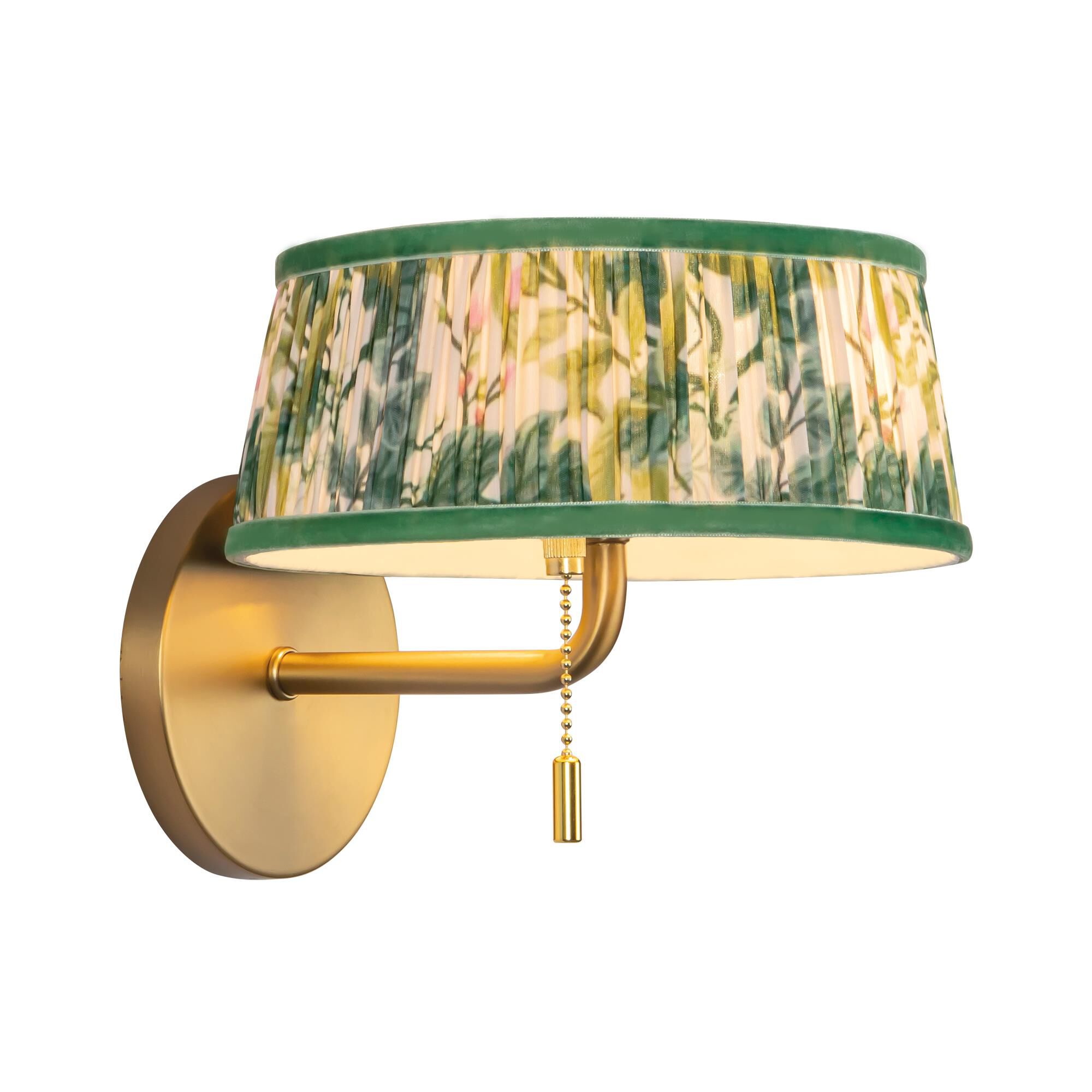 Shown in Brushed Gold finish and Green Linen shade