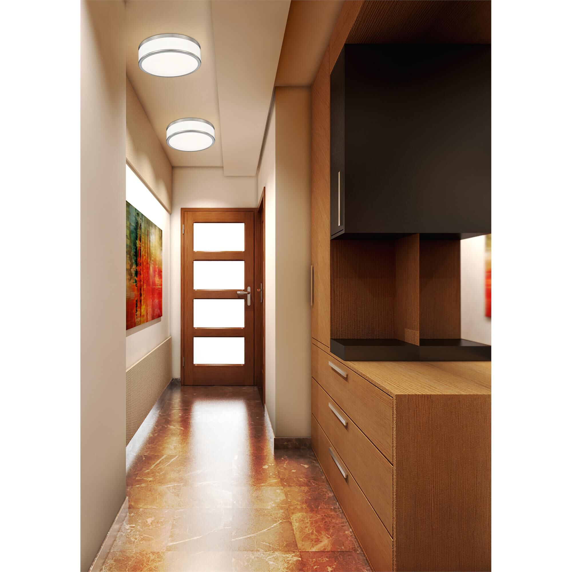 Shown in Brushed Nickel finish and Frosted glass and Frosted shade