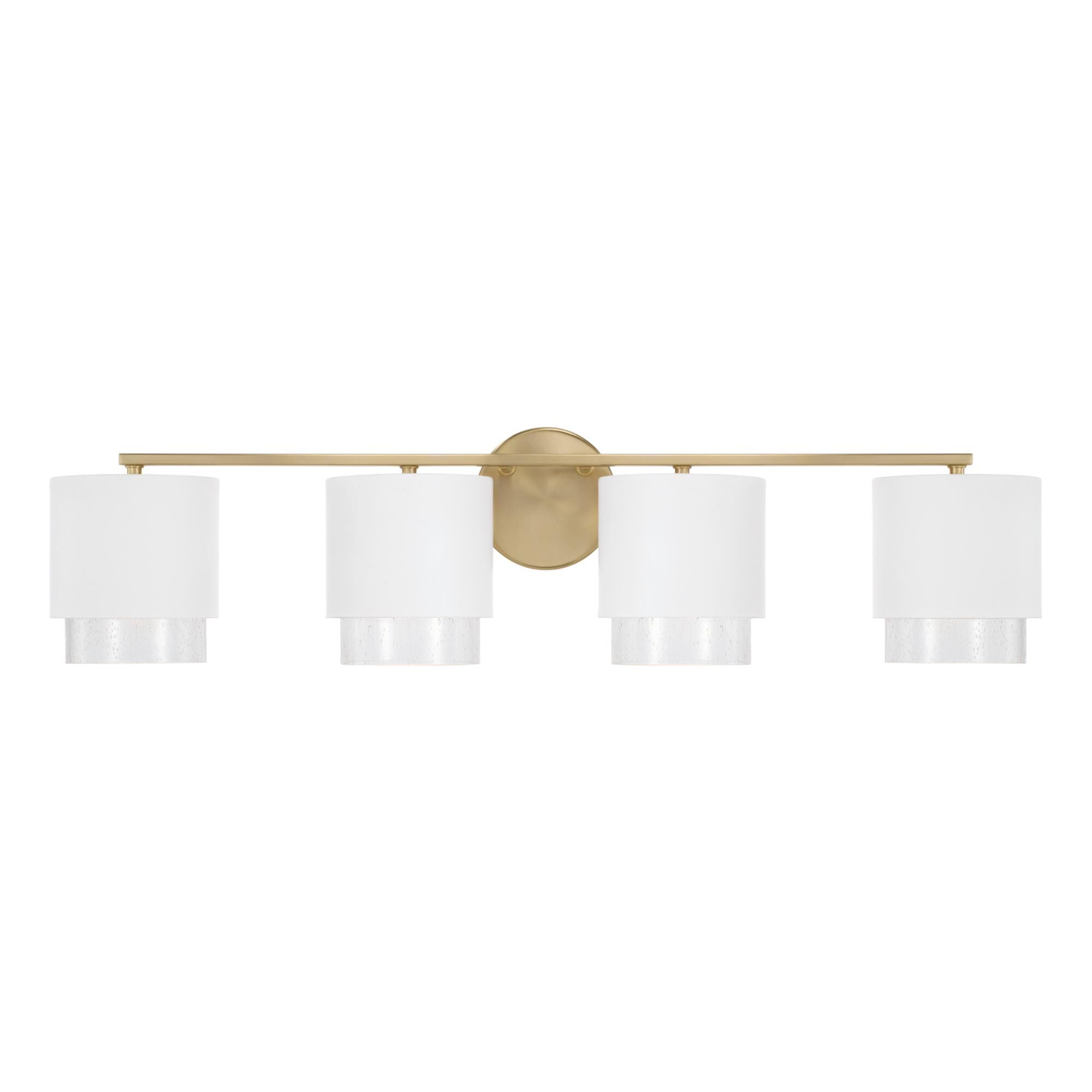 Shown in Matte Brass and White finish and Clear Seeded glass and Metal with Brass Interior shade
