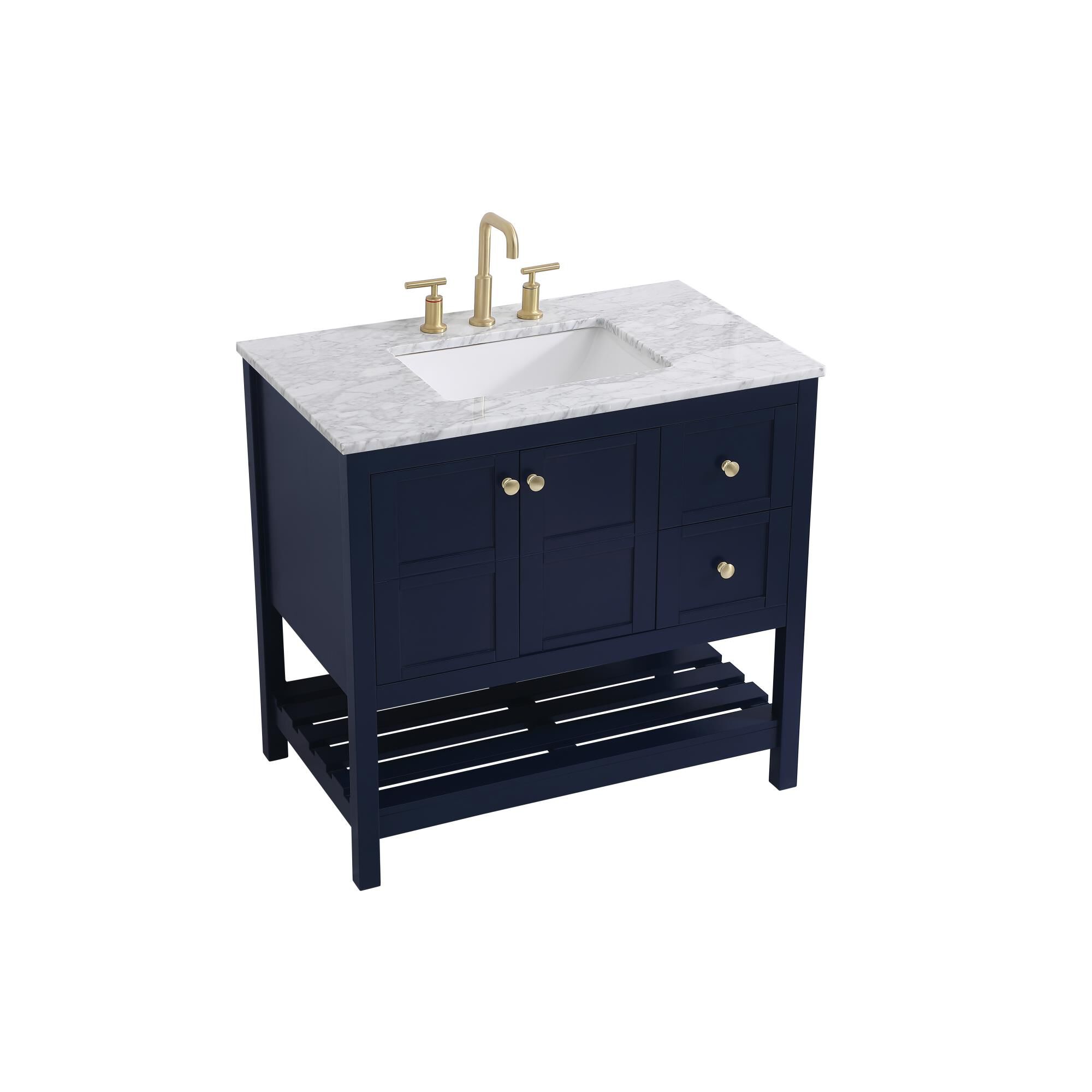 Shown in Blue And Gold With Carrara White Marble finish