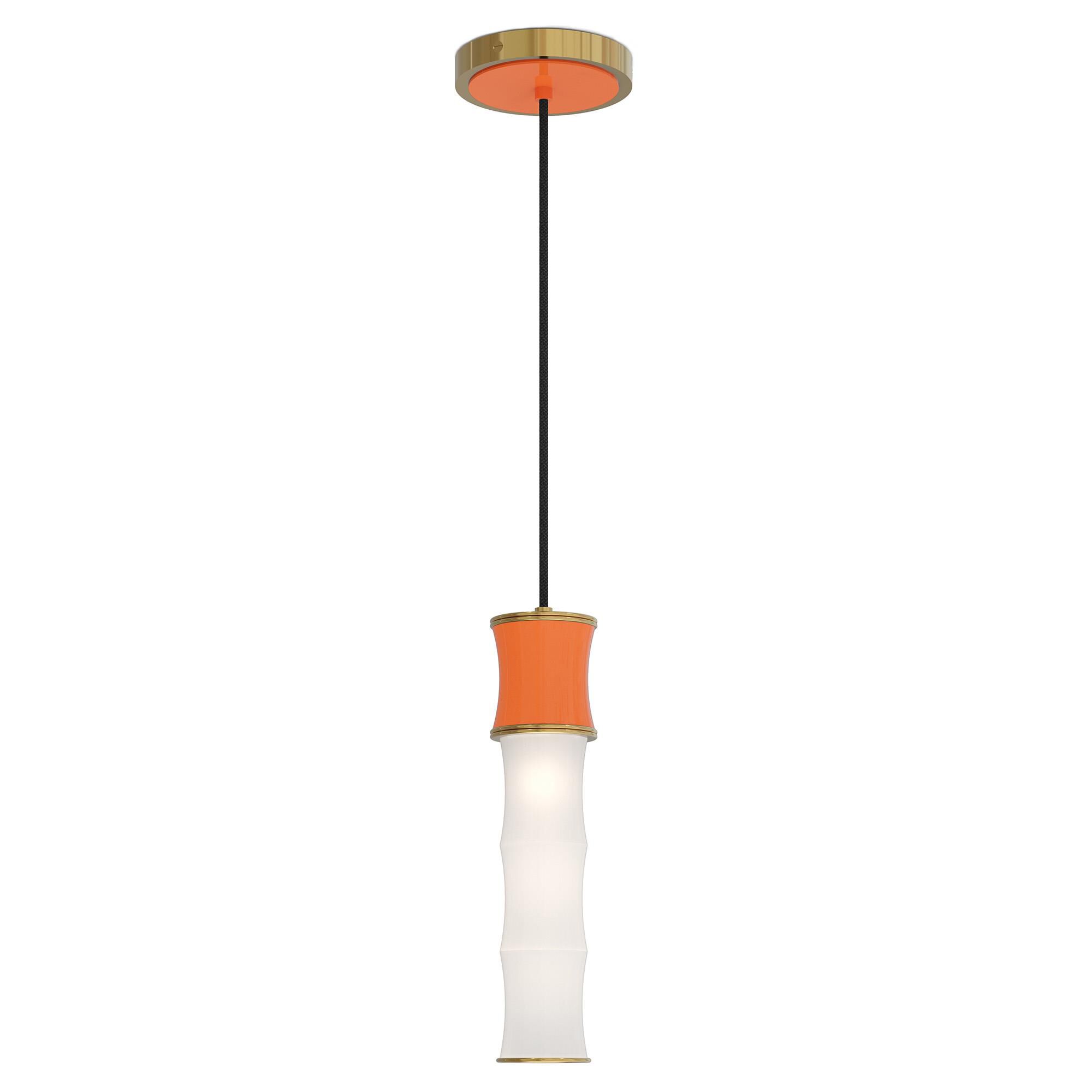 Shown in Pumpkin finish and White Frosted glass and Modern Brass accent