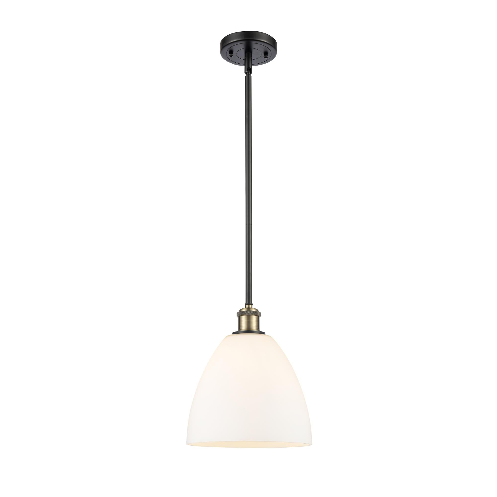 Shown in Black Antique Brass finish and Matte White glass